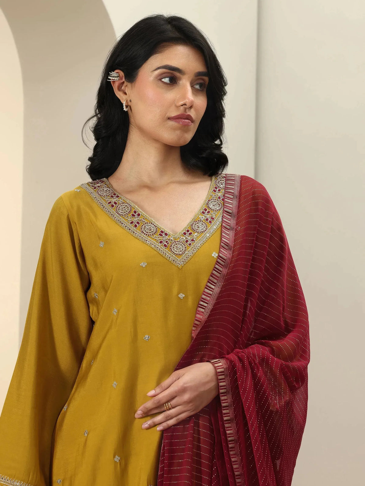 Anouk Mustard Embroidered Silk Blend Straight Suit Sets With Dupatta