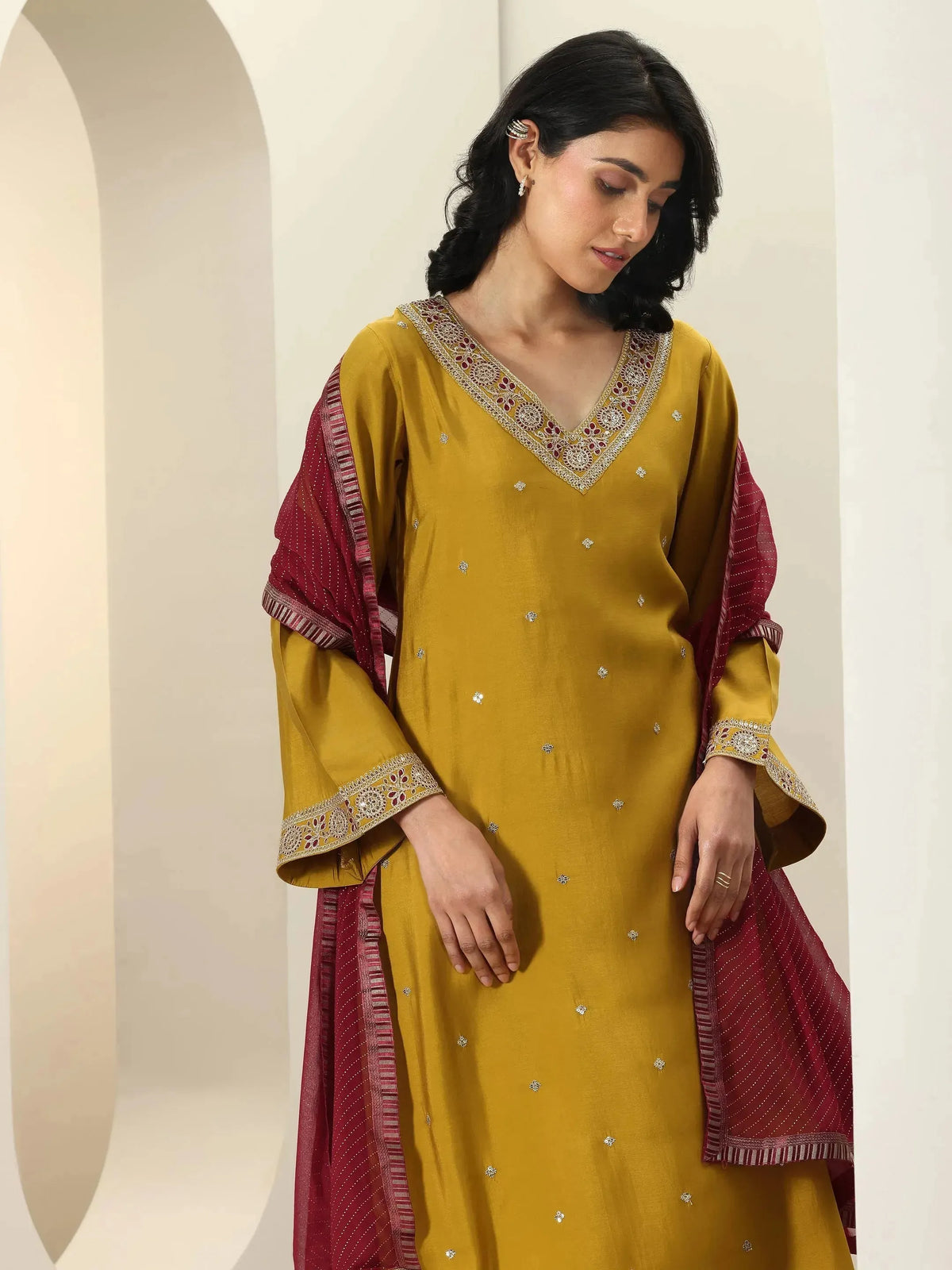 Anouk Mustard Embroidered Silk Blend Straight Suit Sets With Dupatta