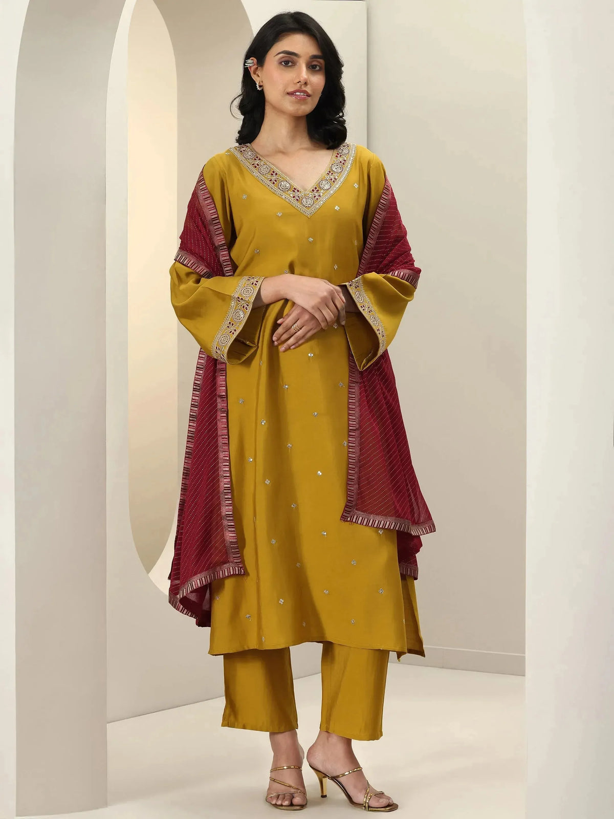 Anouk Mustard Embroidered Silk Blend Straight Suit Sets With Dupatta