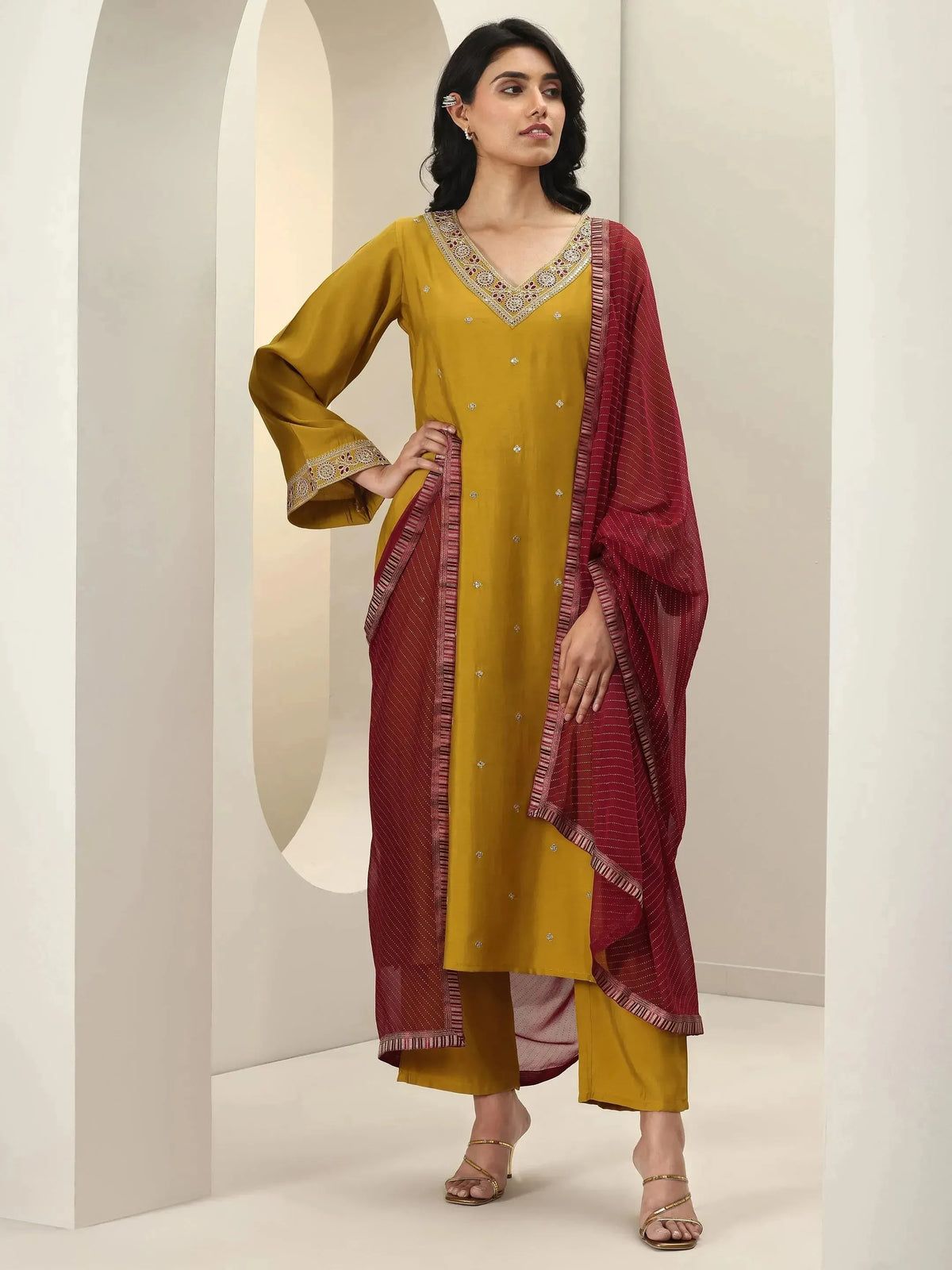 Anouk Mustard Embroidered Silk Blend Straight Suit Sets With Dupatta