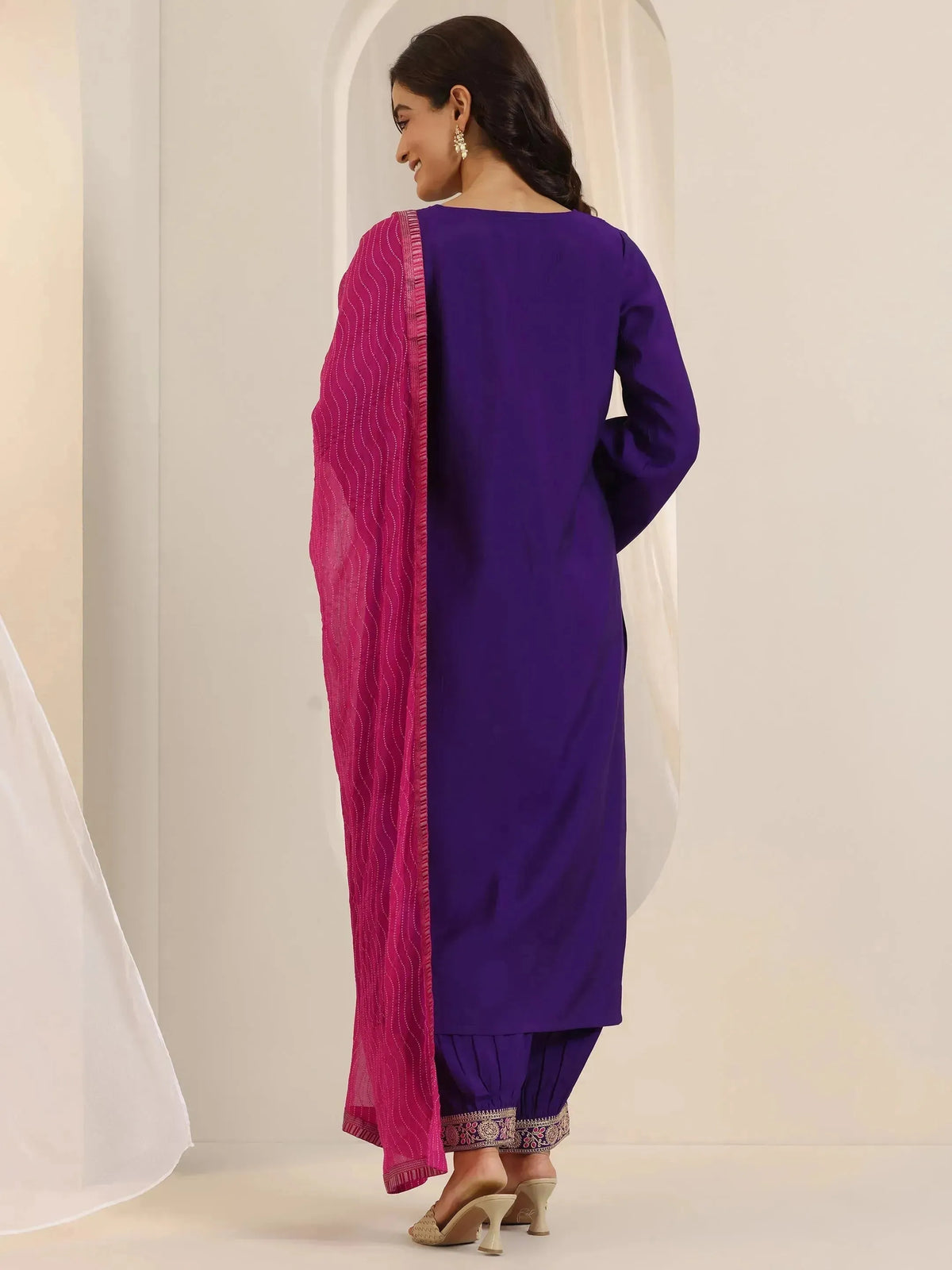 Anouk Purple Embroidered Silk Blend Straight Suit Set With Dupatta