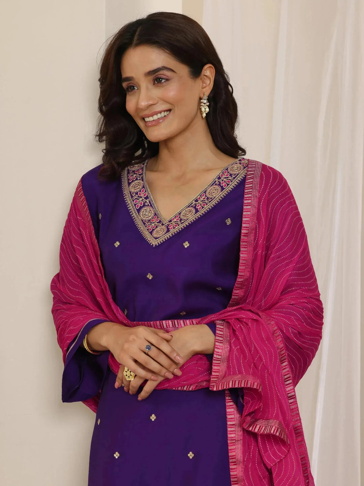 Anouk Purple Embroidered Silk Blend Straight Suit Set With Dupatta