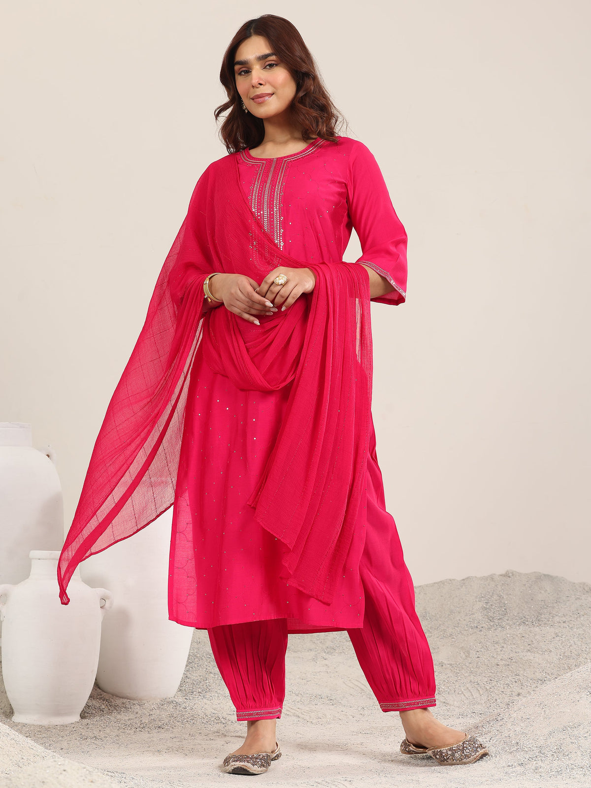 Anouk Pink Embellished Silk Blend Straight Suit With Dupatta