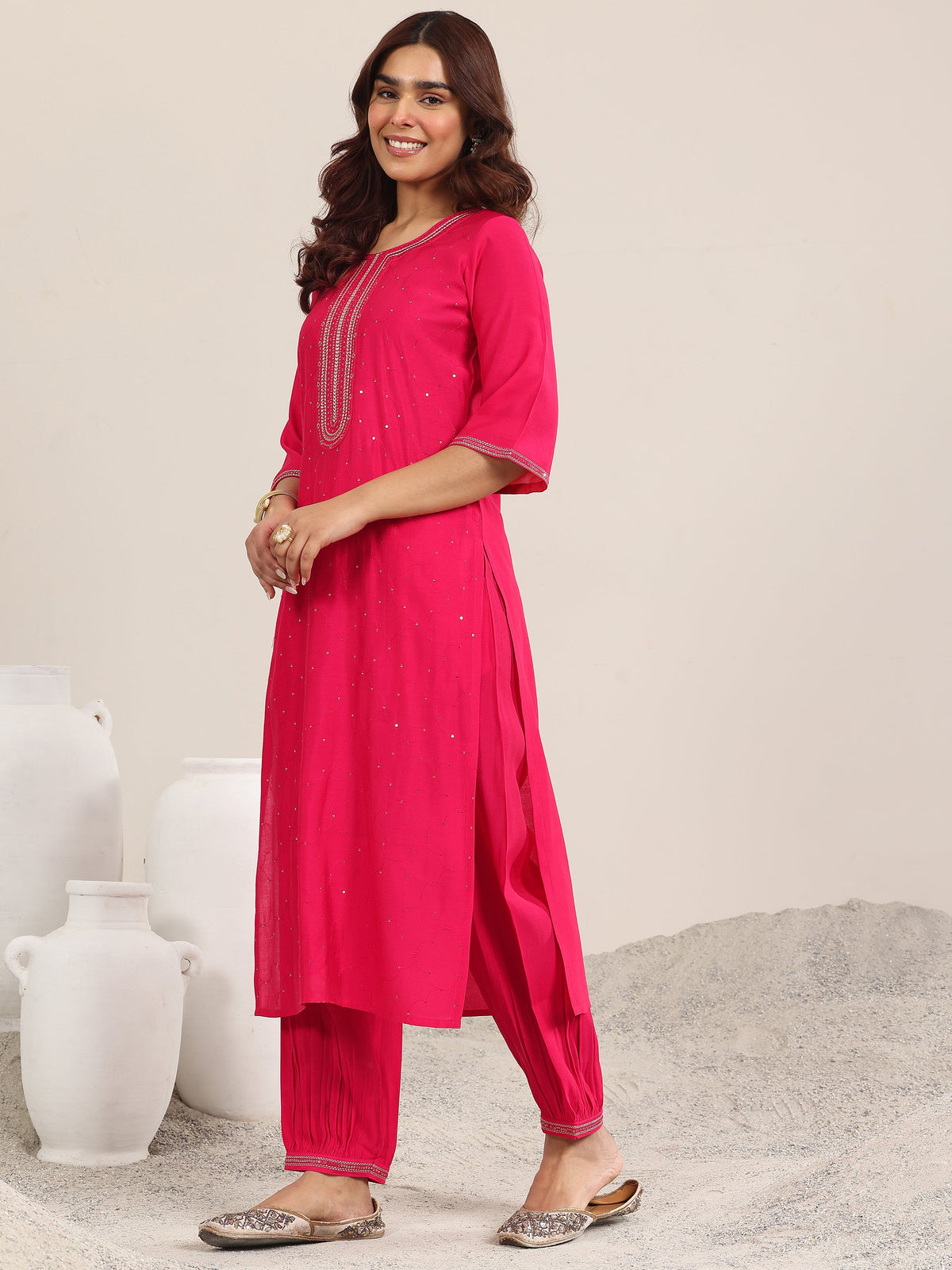 Anouk Pink Embellished Silk Blend Straight Suit With Dupatta