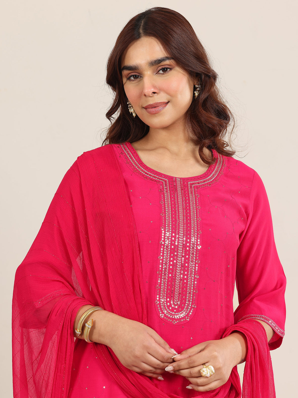 Anouk Pink Embellished Silk Blend Straight Suit With Dupatta
