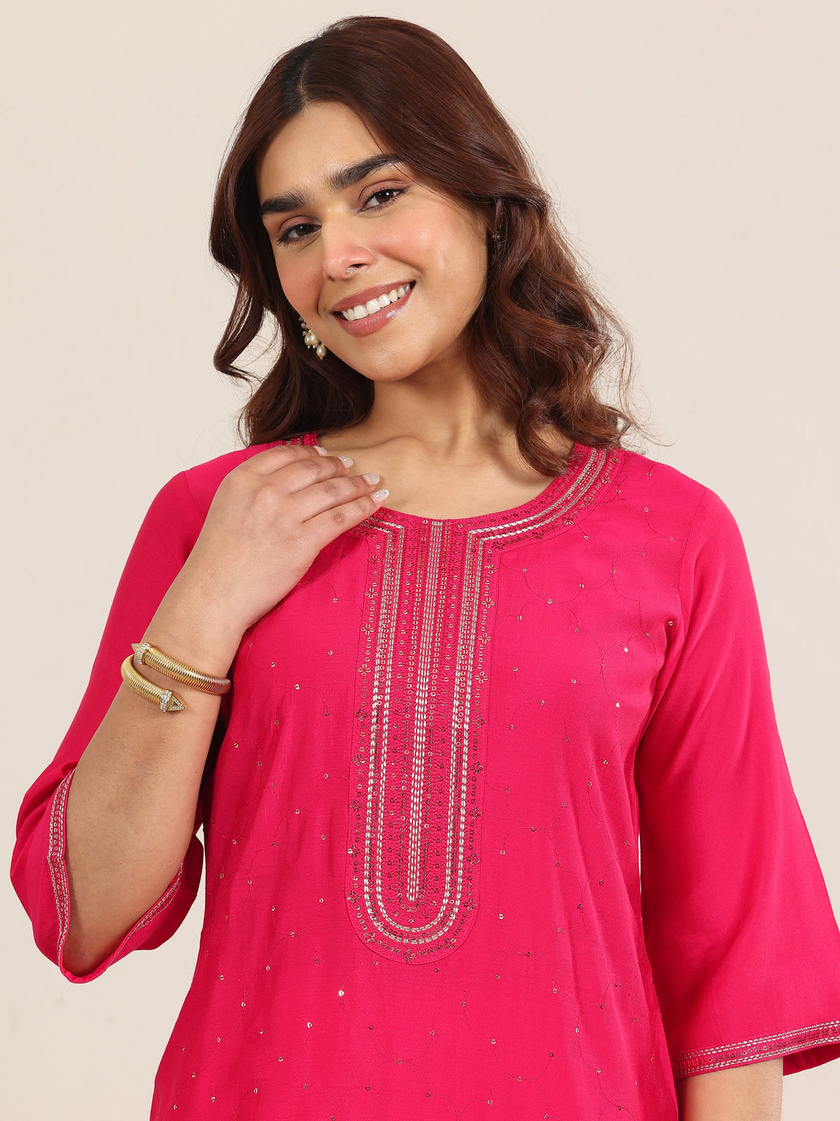 Anouk Pink Embellished Silk Blend Straight Suit With Dupatta