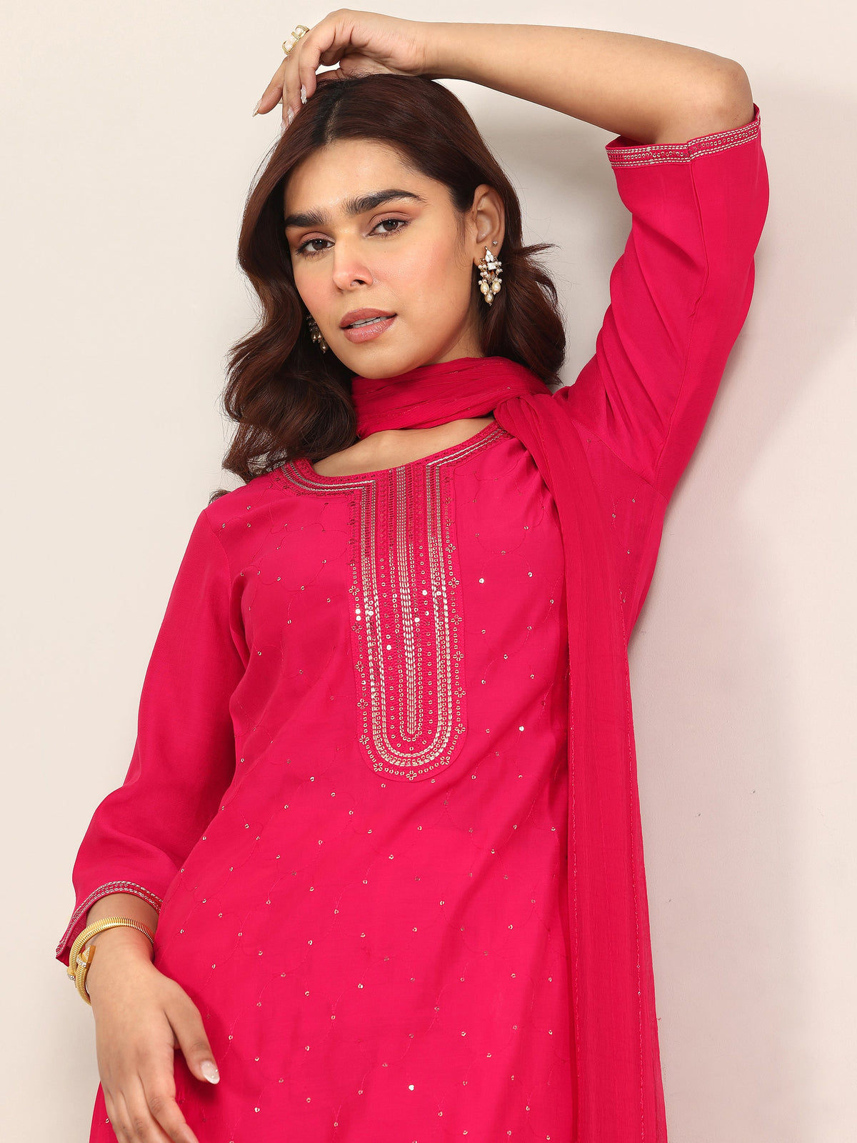 Anouk Pink Embellished Silk Blend Straight Suit With Dupatta