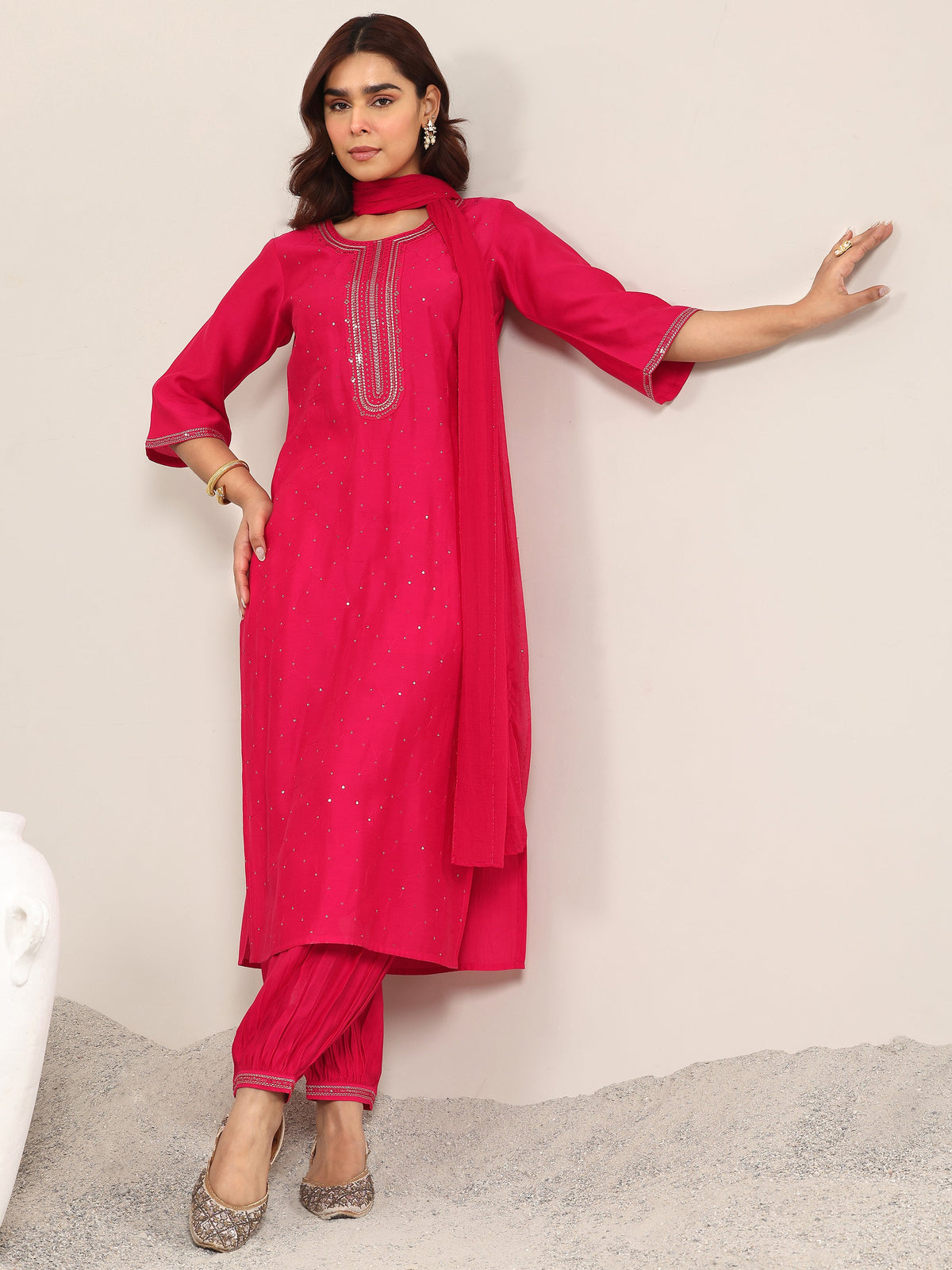 Anouk Pink Embellished Silk Blend Straight Suit With Dupatta