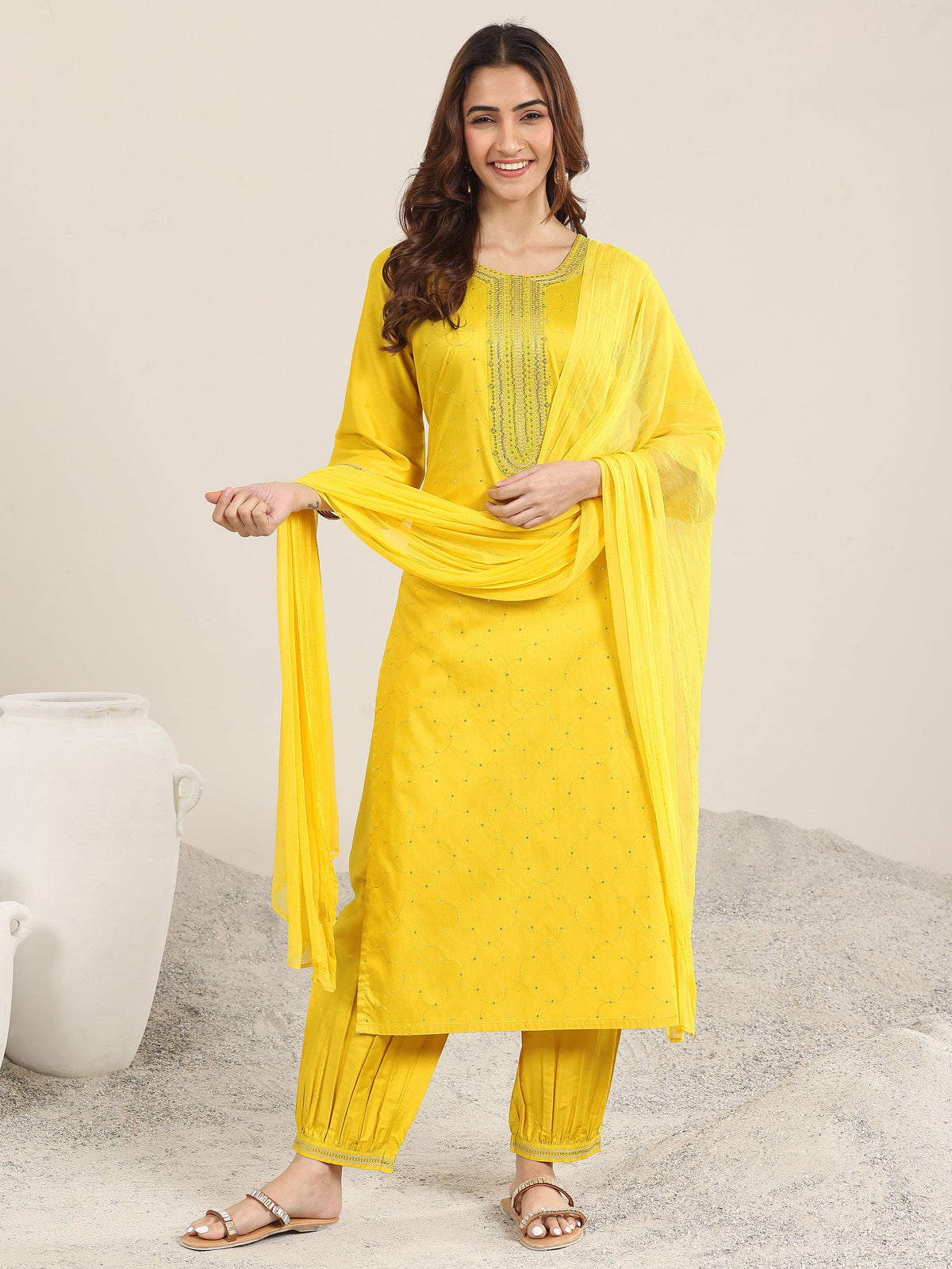 Anouk Yellow Embellished Silk Blend Straight Suit With Dupatta