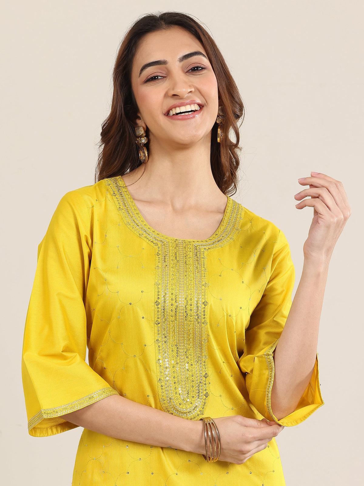 Anouk Yellow Embellished Silk Blend Straight Suit With Dupatta