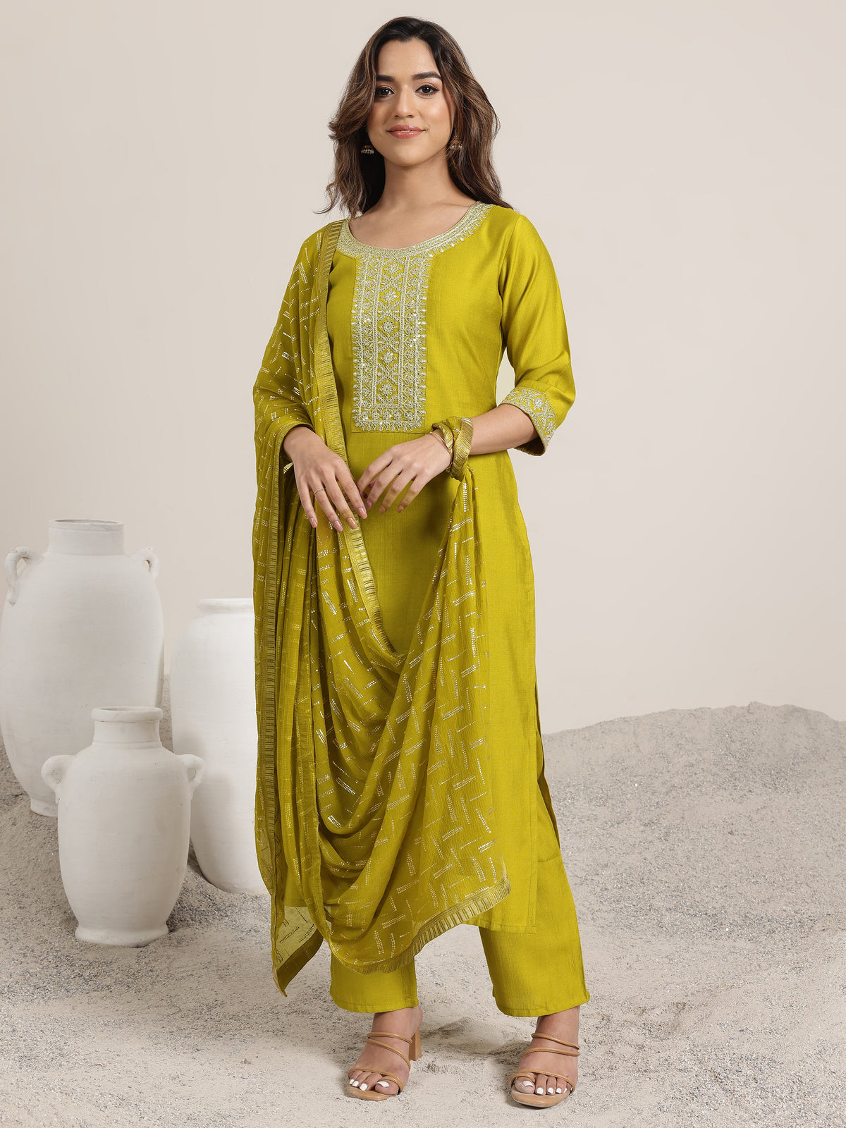 Anouk Green Yoke Design Silk Blend Straight Suit Set With Dupatta