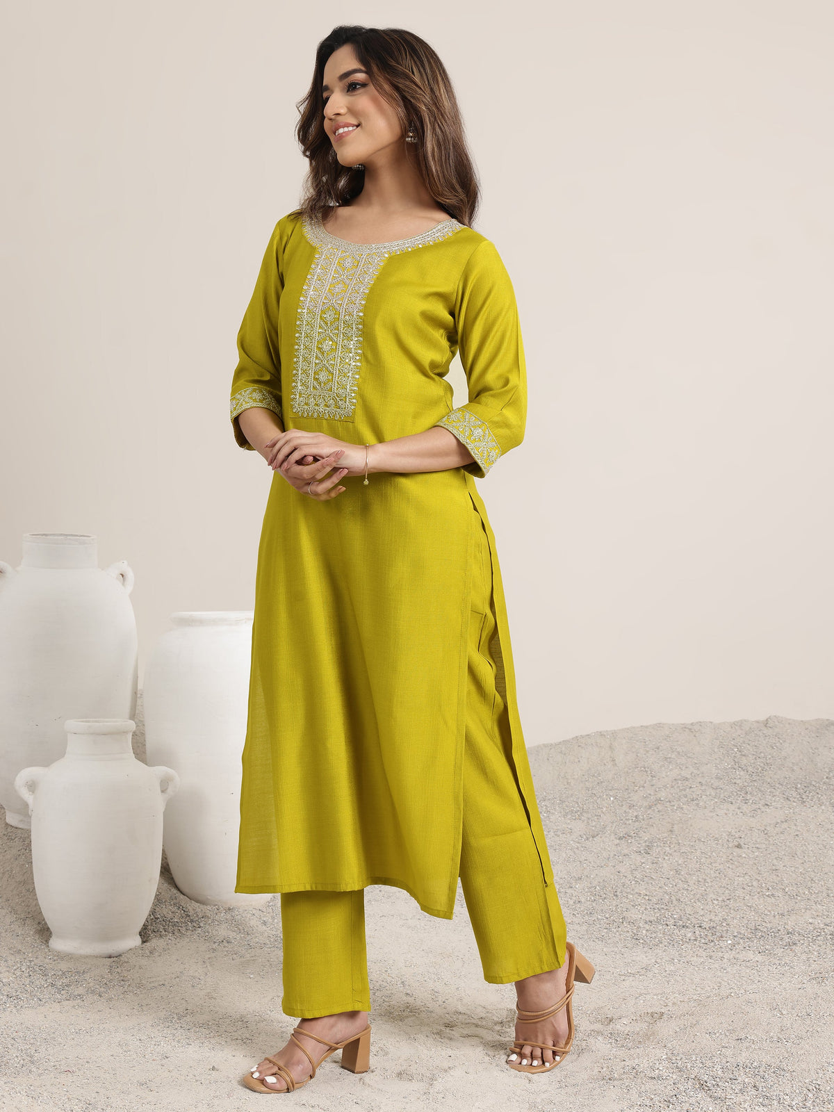 Anouk Green Yoke Design Silk Blend Straight Suit Set With Dupatta