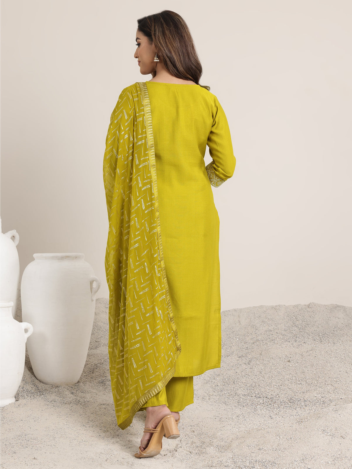 Anouk Green Yoke Design Silk Blend Straight Suit Set With Dupatta