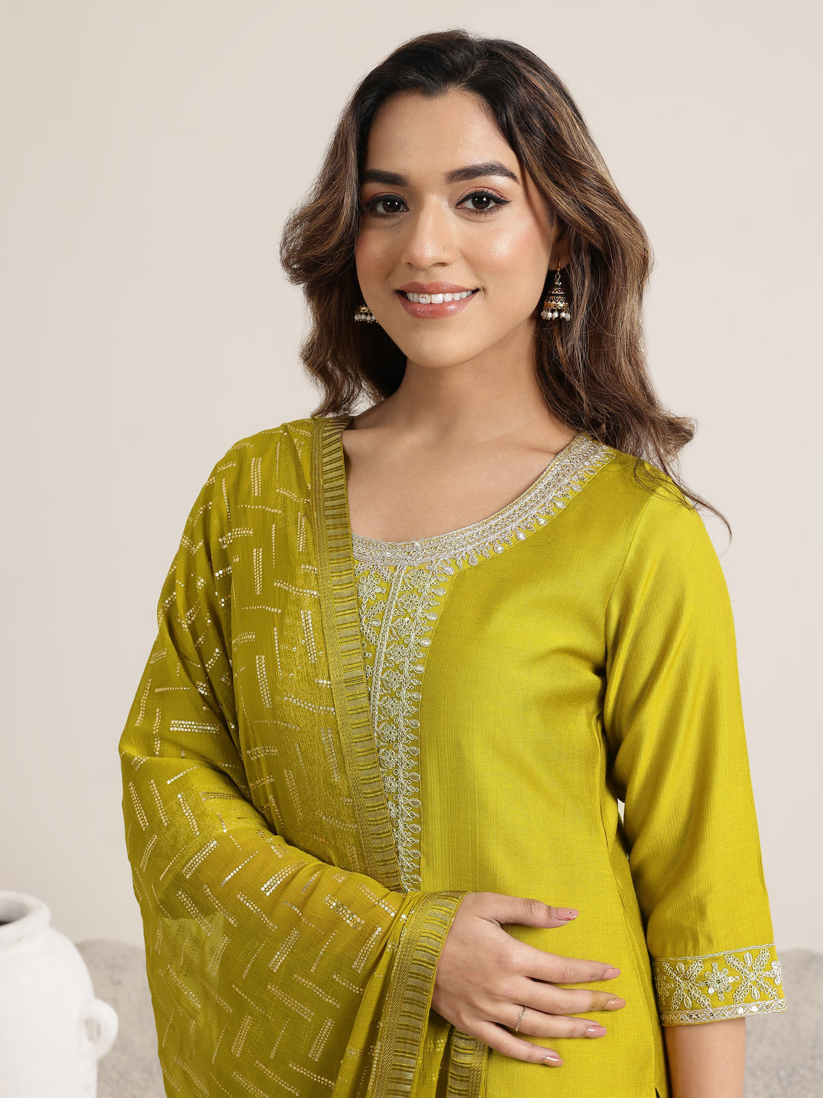 Anouk Green Yoke Design Silk Blend Straight Suit Set With Dupatta