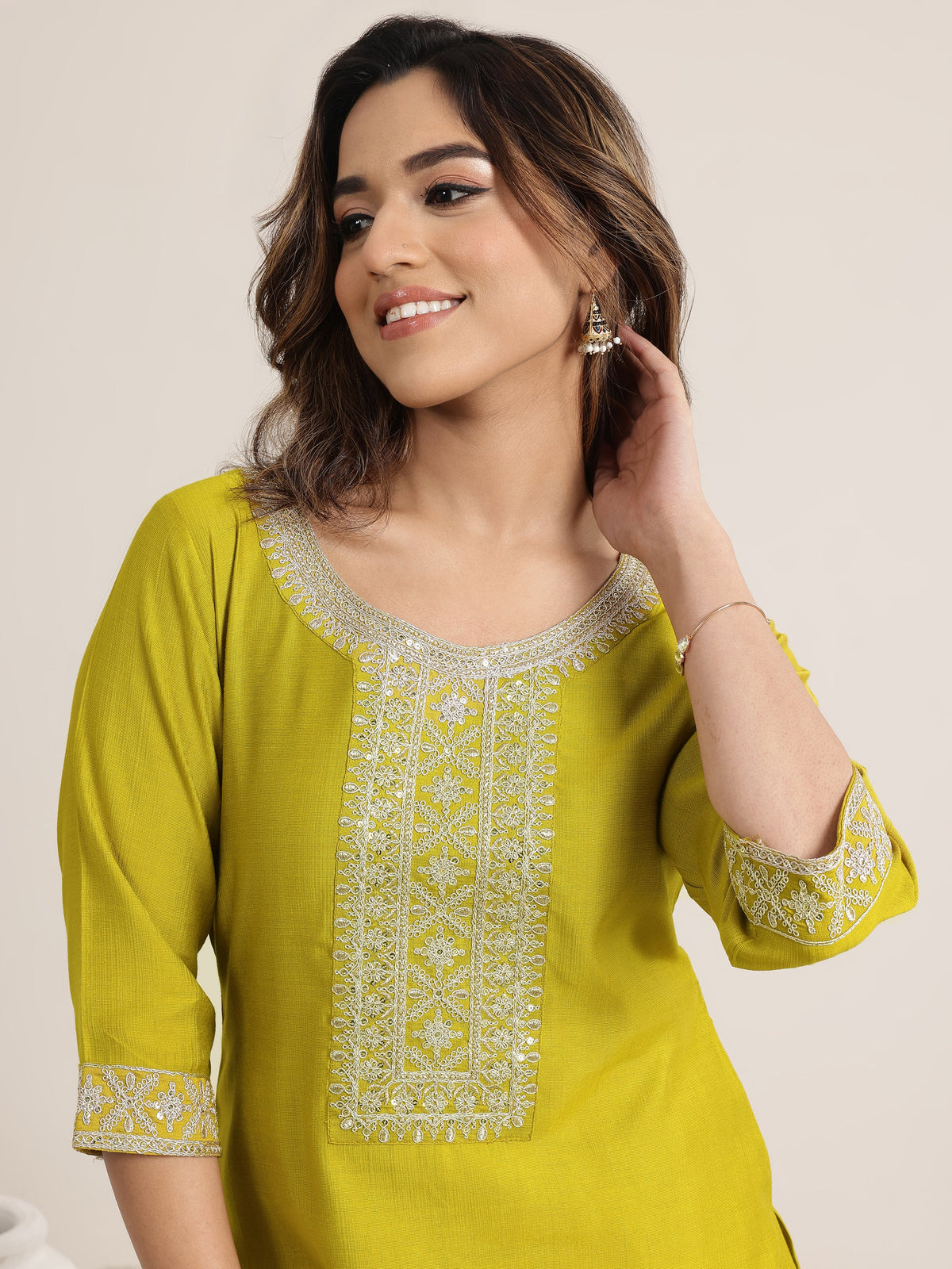 Anouk Green Yoke Design Silk Blend Straight Suit Set With Dupatta