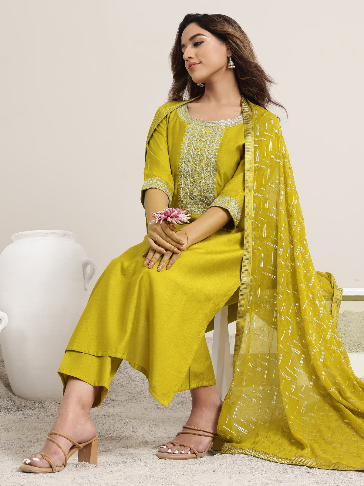Anouk Green Yoke Design Silk Blend Straight Suit Set With Dupatta