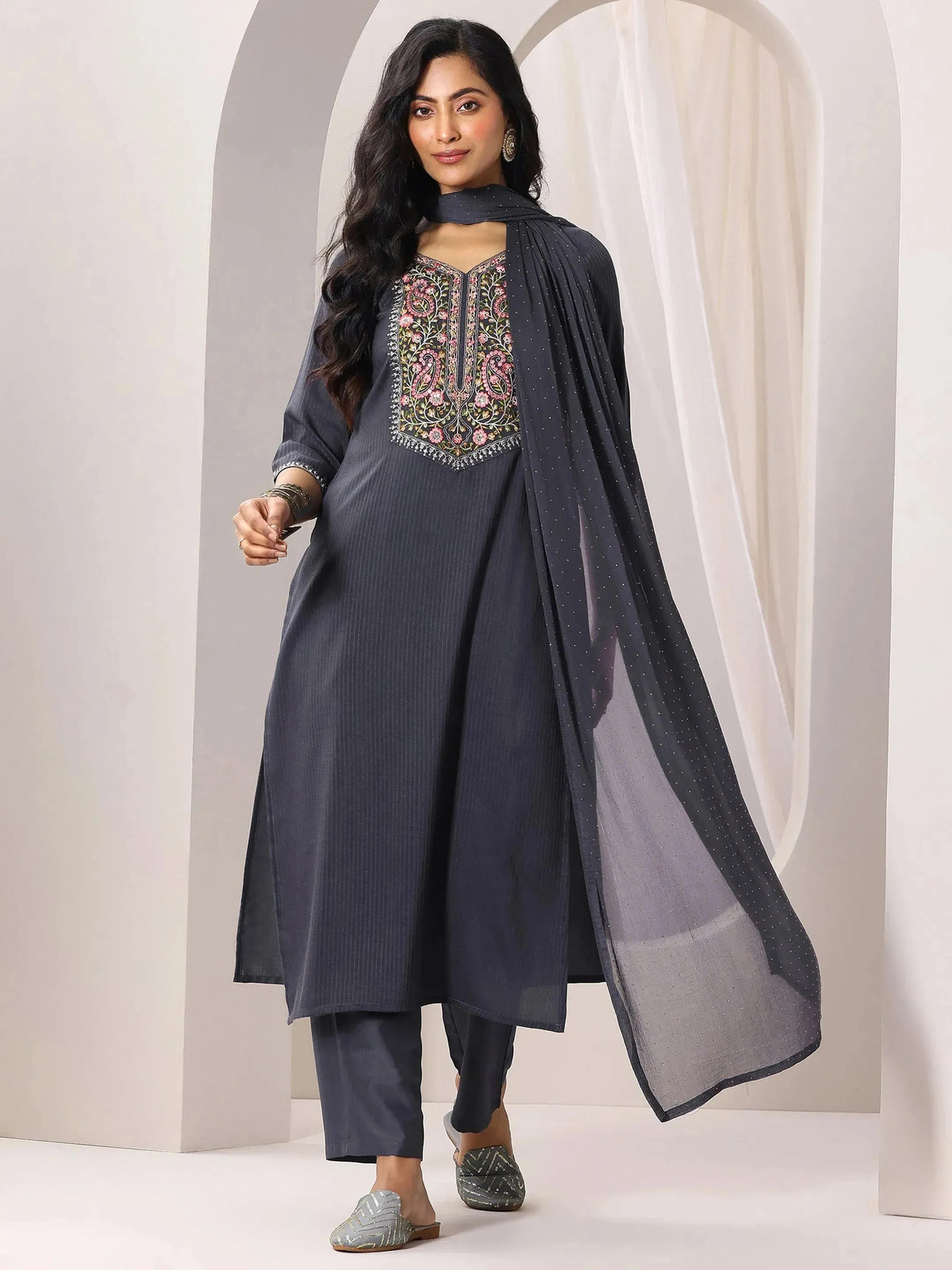 Anouk Grey Yoke Design Silk Blend Straight Suit Set With Dupatta
