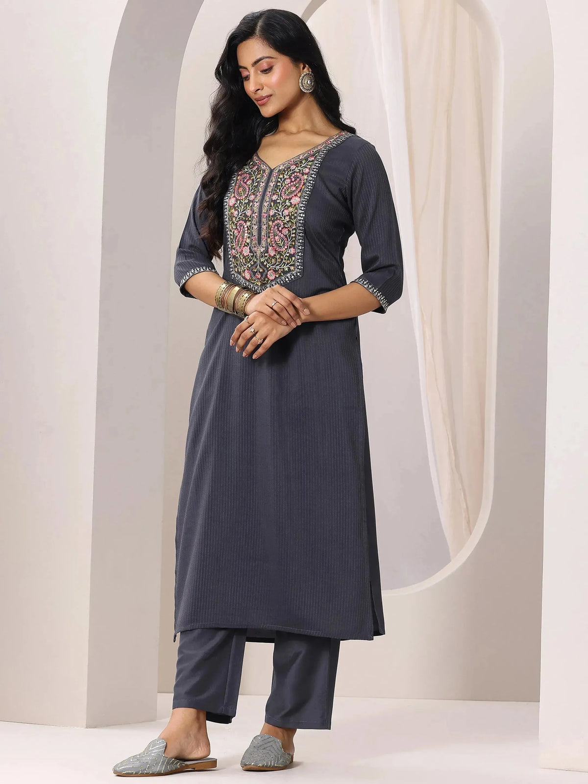 Anouk Grey Yoke Design Silk Blend Straight Suit Set With Dupatta