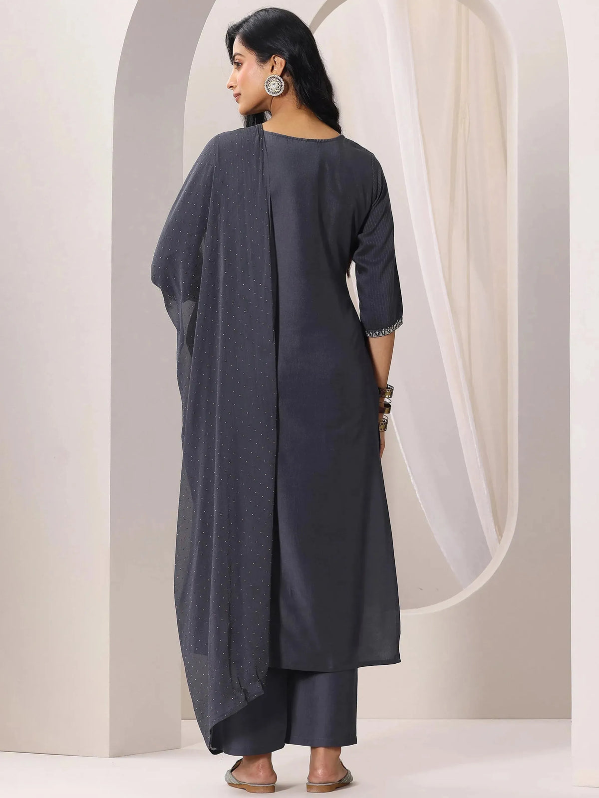Anouk Grey Yoke Design Silk Blend Straight Suit Set With Dupatta