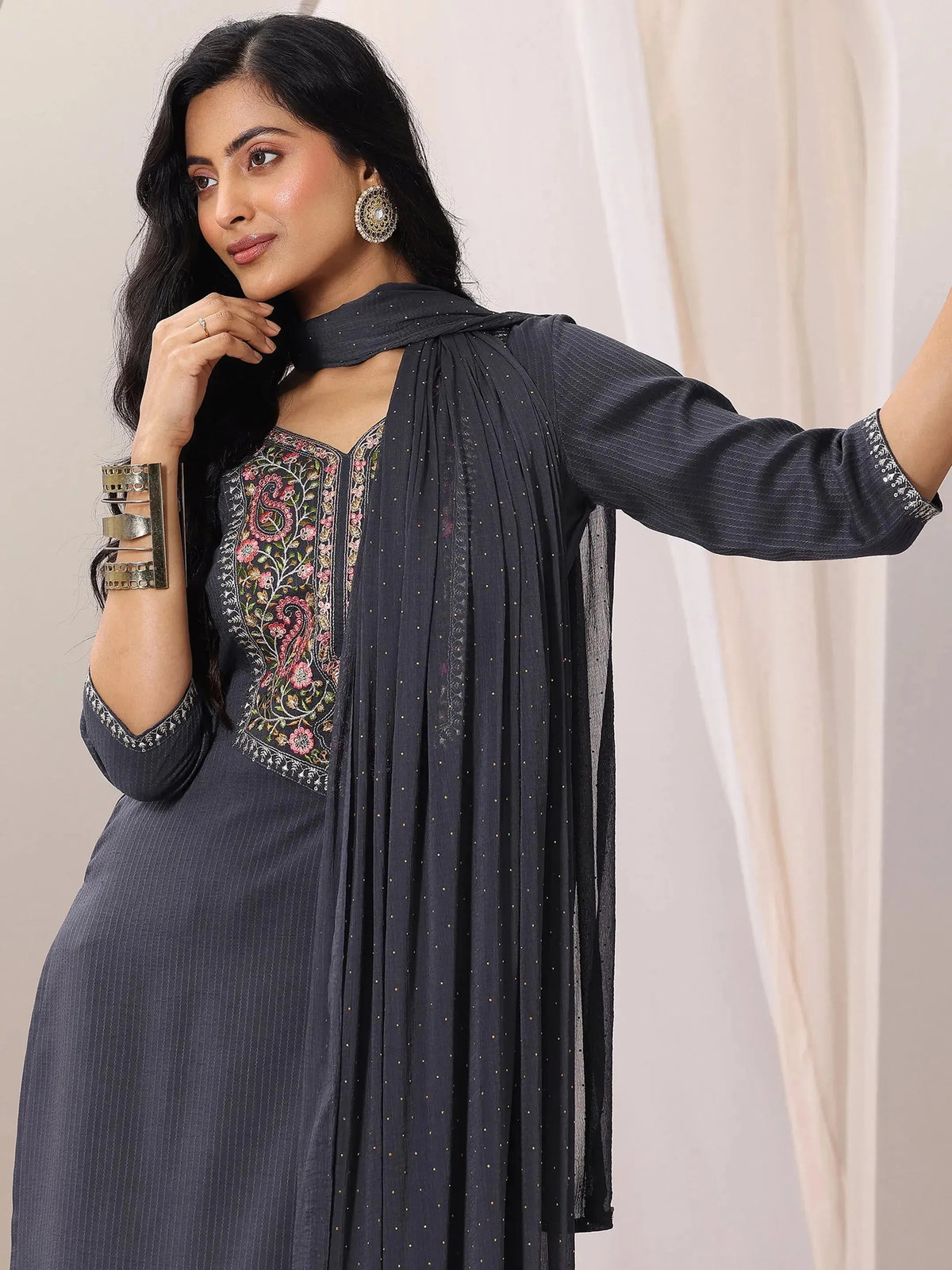 Anouk Grey Yoke Design Silk Blend Straight Suit Set With Dupatta