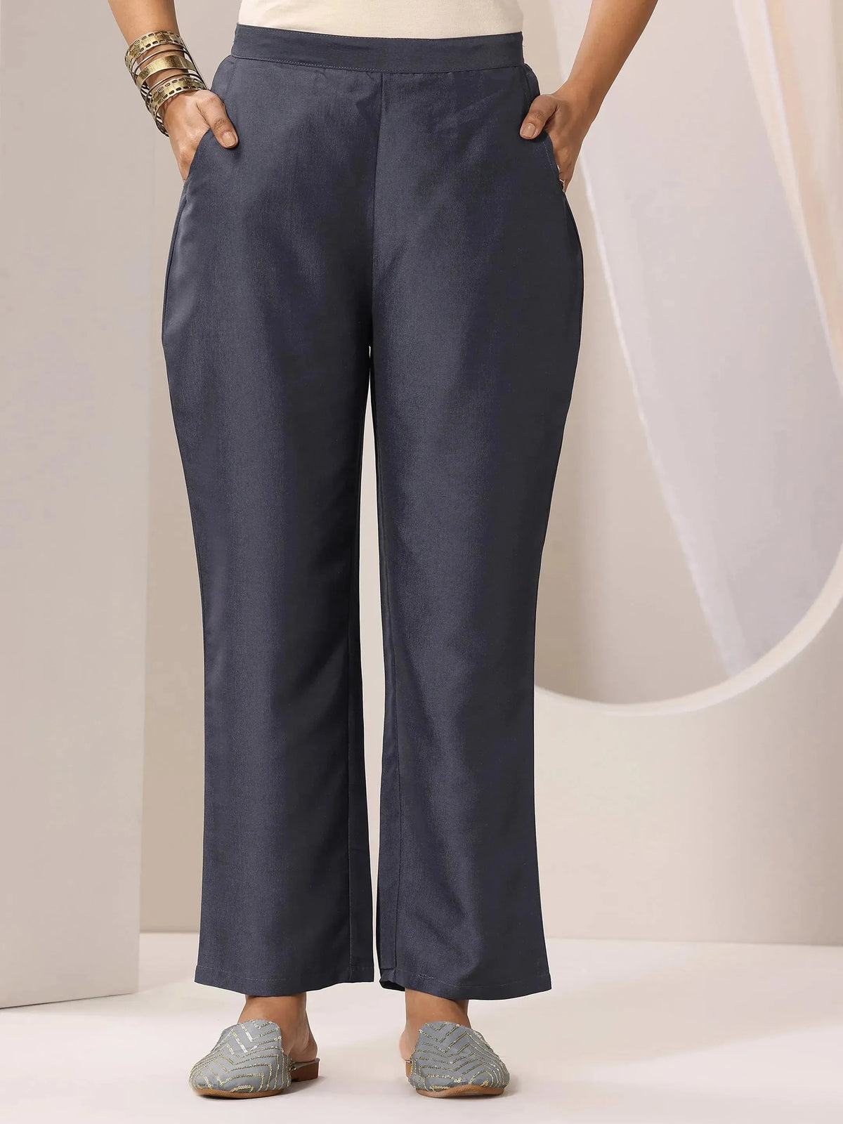 Anouk Grey Yoke Design Silk Blend Straight Suit Set With Dupatta