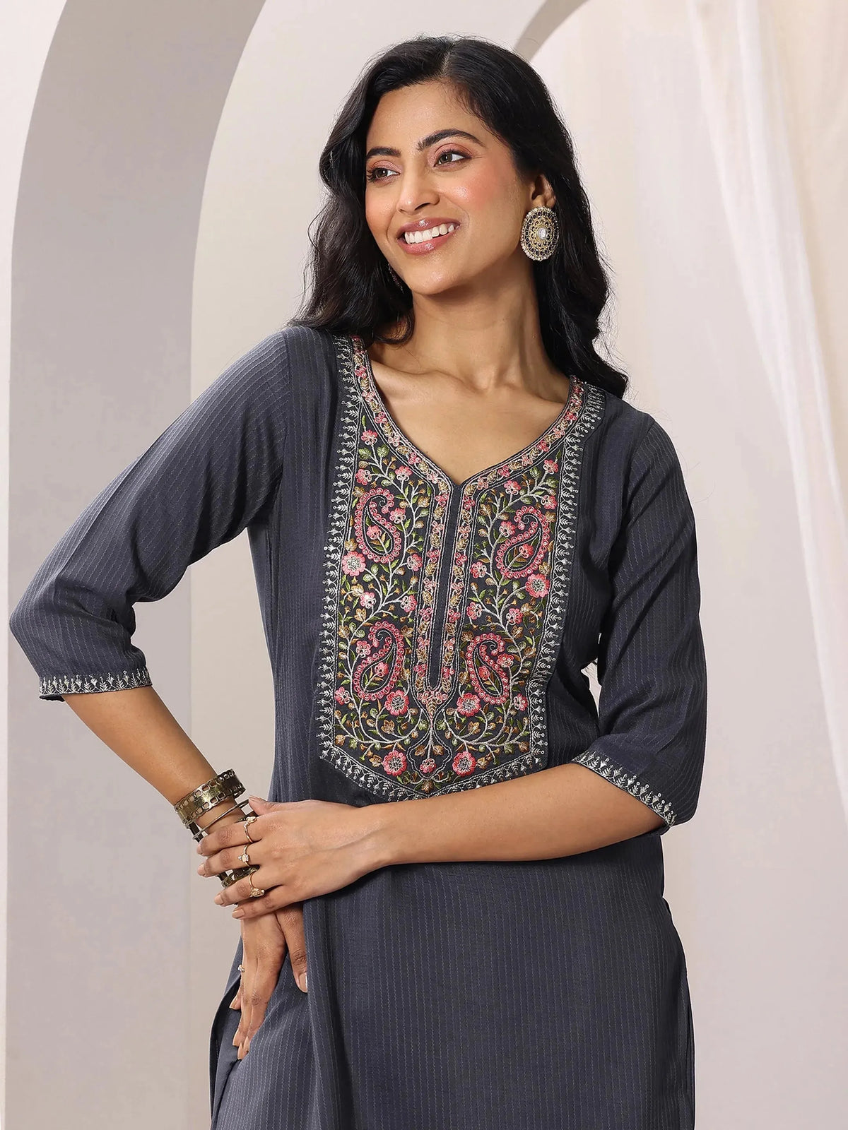 Anouk Grey Yoke Design Silk Blend Straight Suit Set With Dupatta