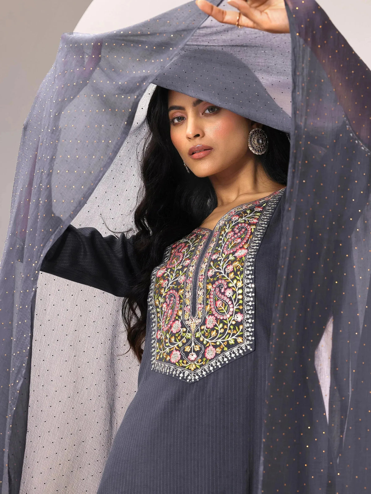Anouk Grey Yoke Design Silk Blend Straight Suit Set With Dupatta