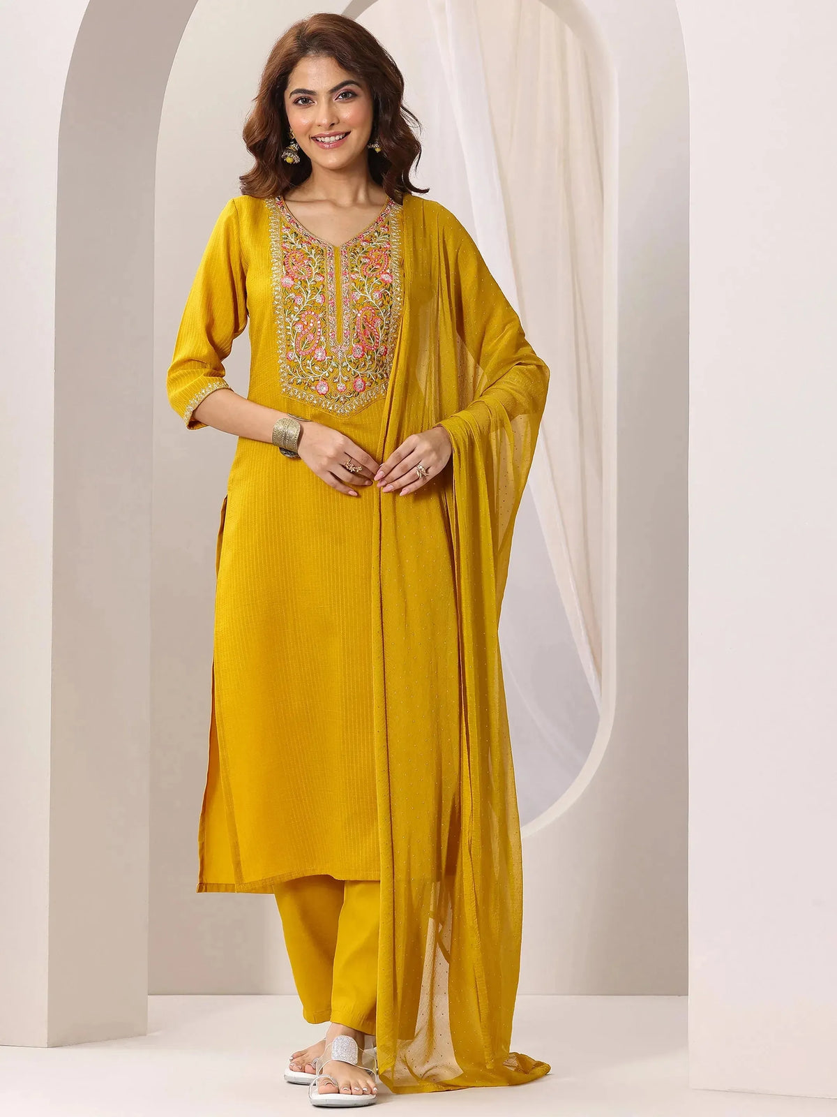 Anouk Yellow Yoke Design Silk Blend Straight Suit Set With Dupatta