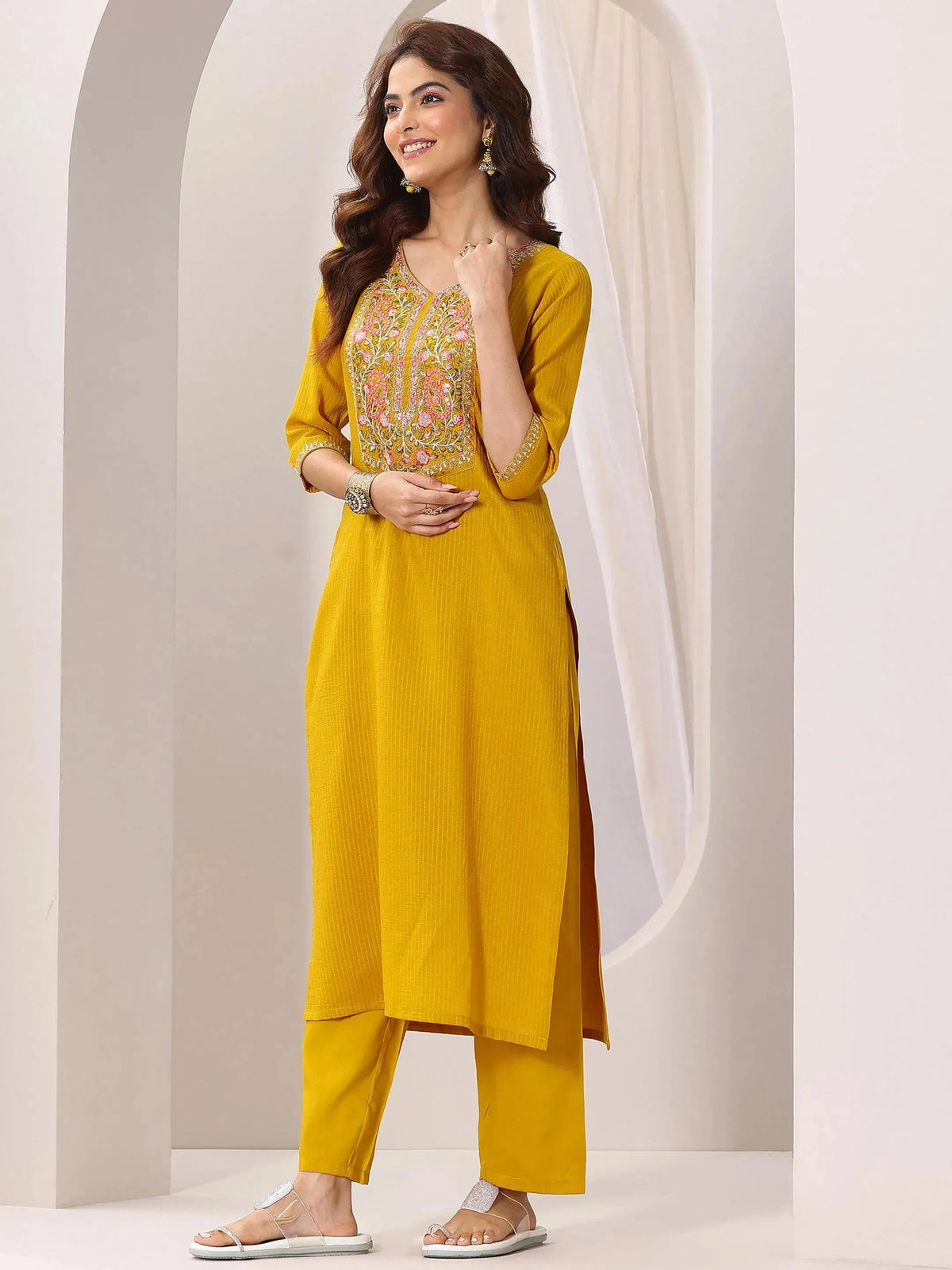 Anouk Yellow Yoke Design Silk Blend Straight Suit Set With Dupatta