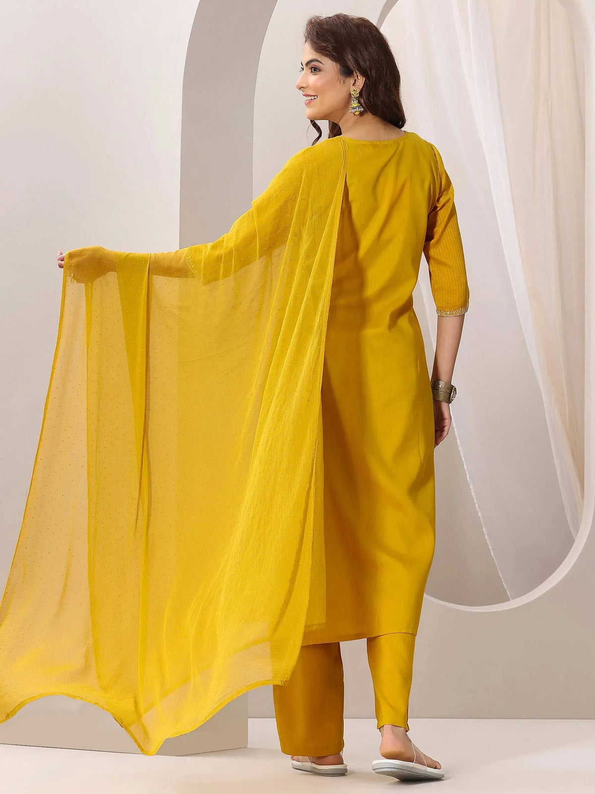 Anouk Yellow Yoke Design Silk Blend Straight Suit Set With Dupatta
