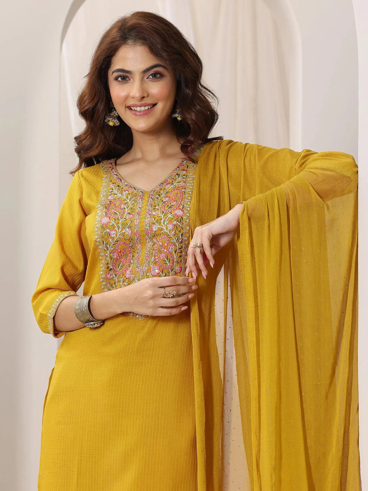 Anouk Yellow Yoke Design Silk Blend Straight Suit Set With Dupatta