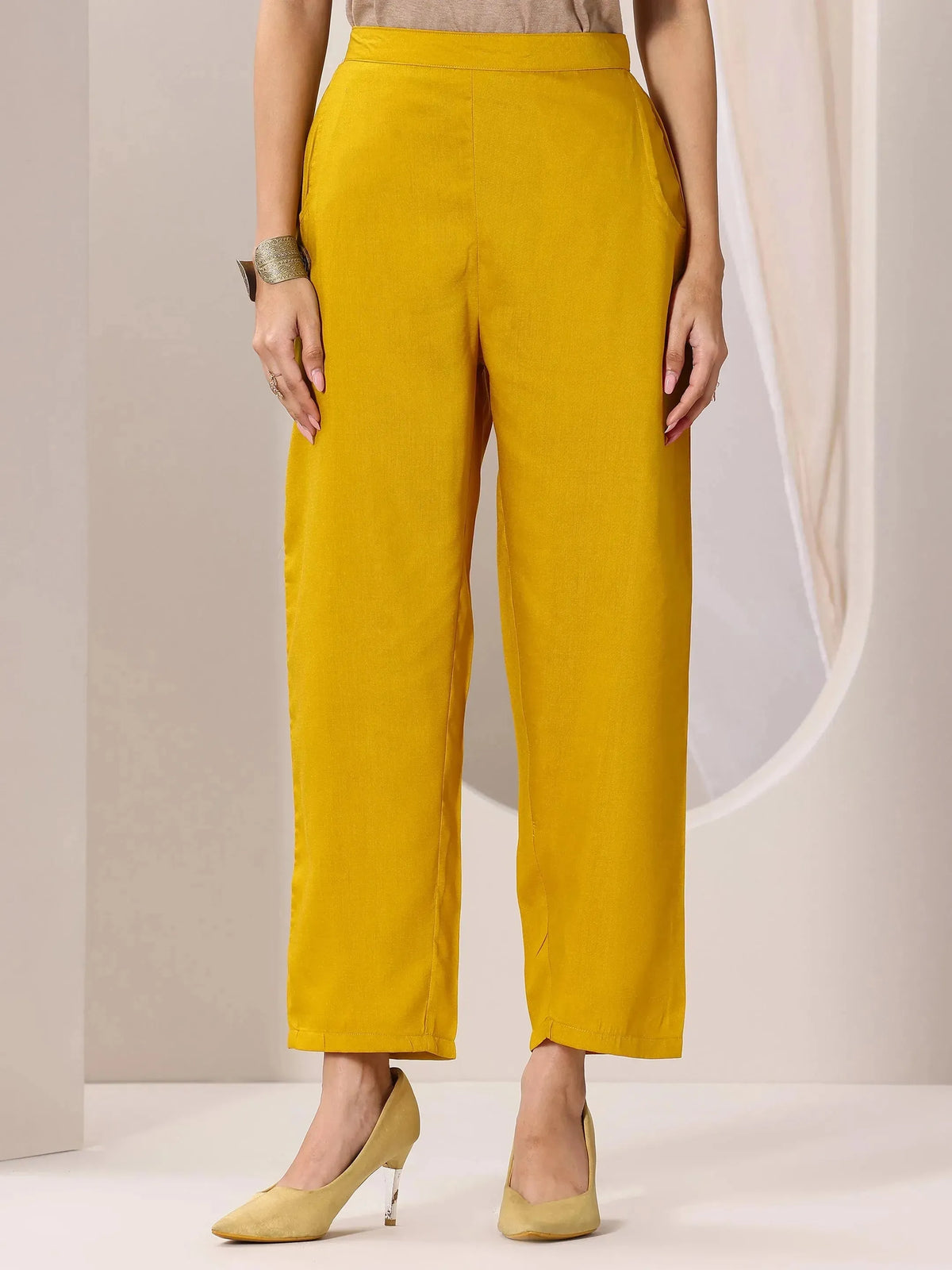 Anouk Yellow Yoke Design Silk Blend Straight Suit Set With Dupatta