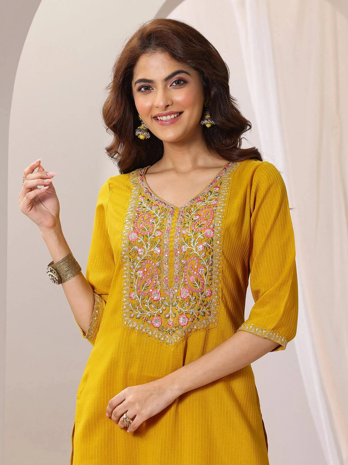 Anouk Yellow Yoke Design Silk Blend Straight Suit Set With Dupatta