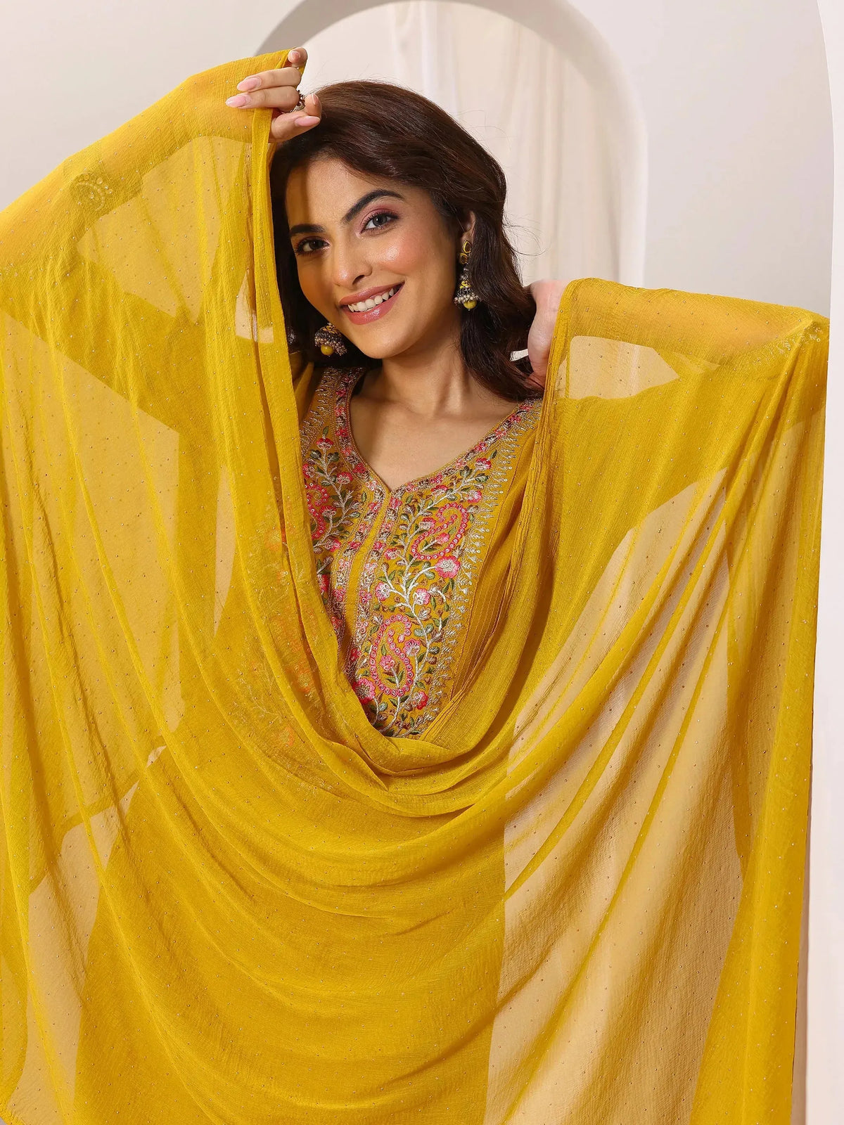 Anouk Yellow Yoke Design Silk Blend Straight Suit Set With Dupatta