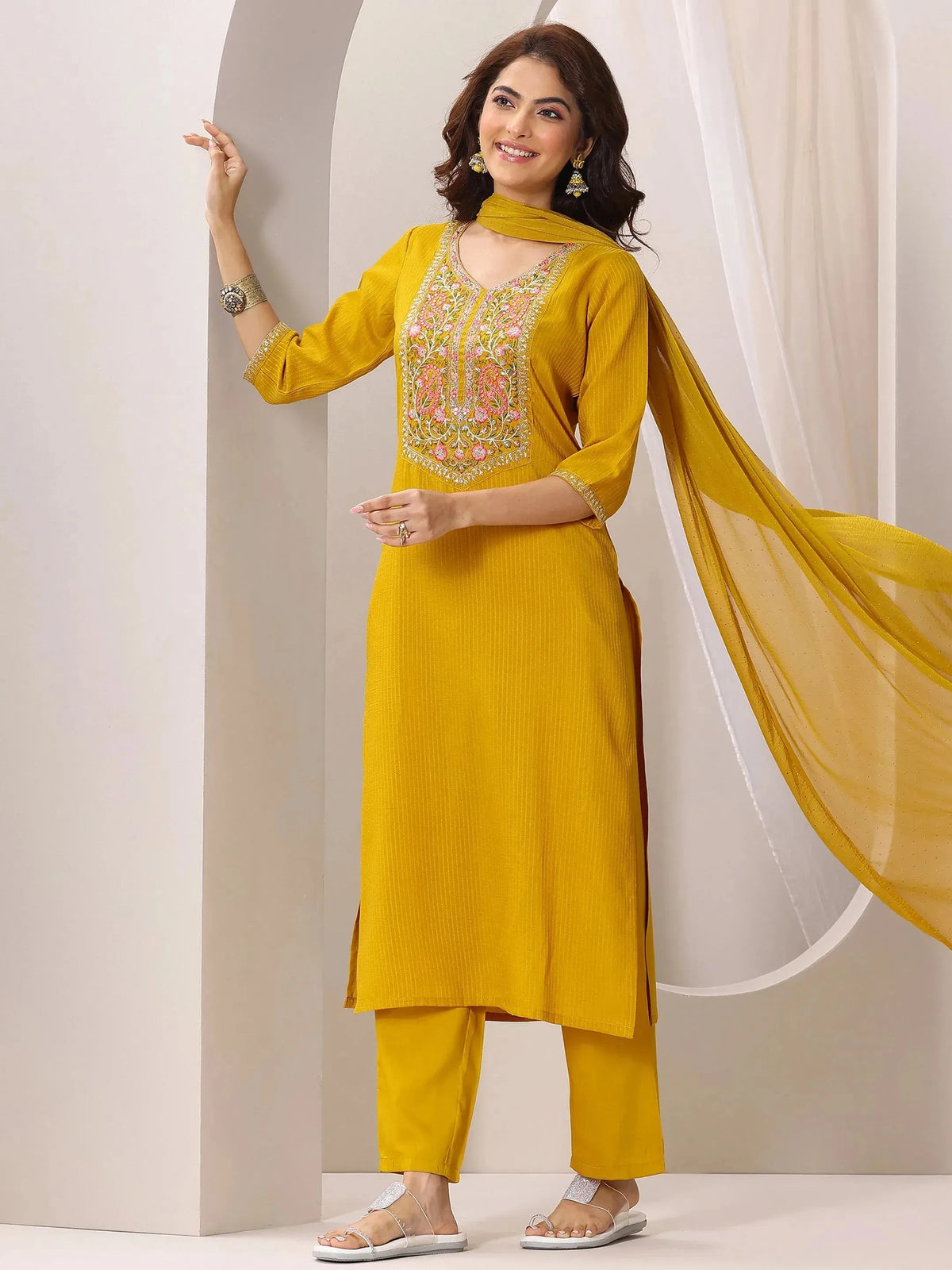 Anouk Yellow Yoke Design Silk Blend Straight Suit Set With Dupatta