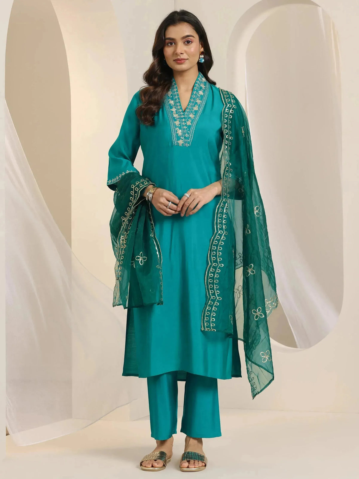 Anouk Turquoise Yoke Design Silk Blend Straight Suit Set With Dupatta