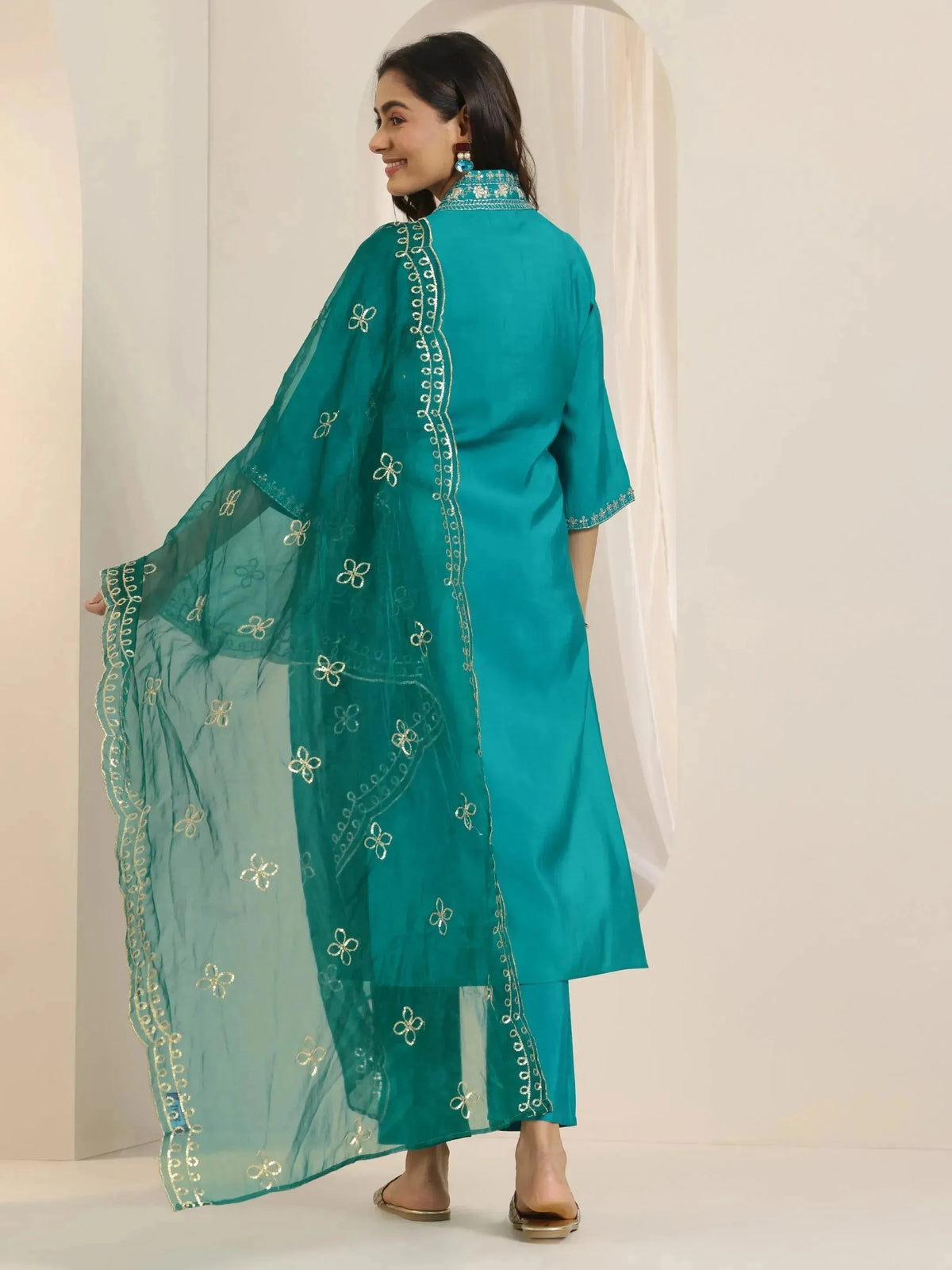 Anouk Turquoise Yoke Design Silk Blend Straight Suit Set With Dupatta