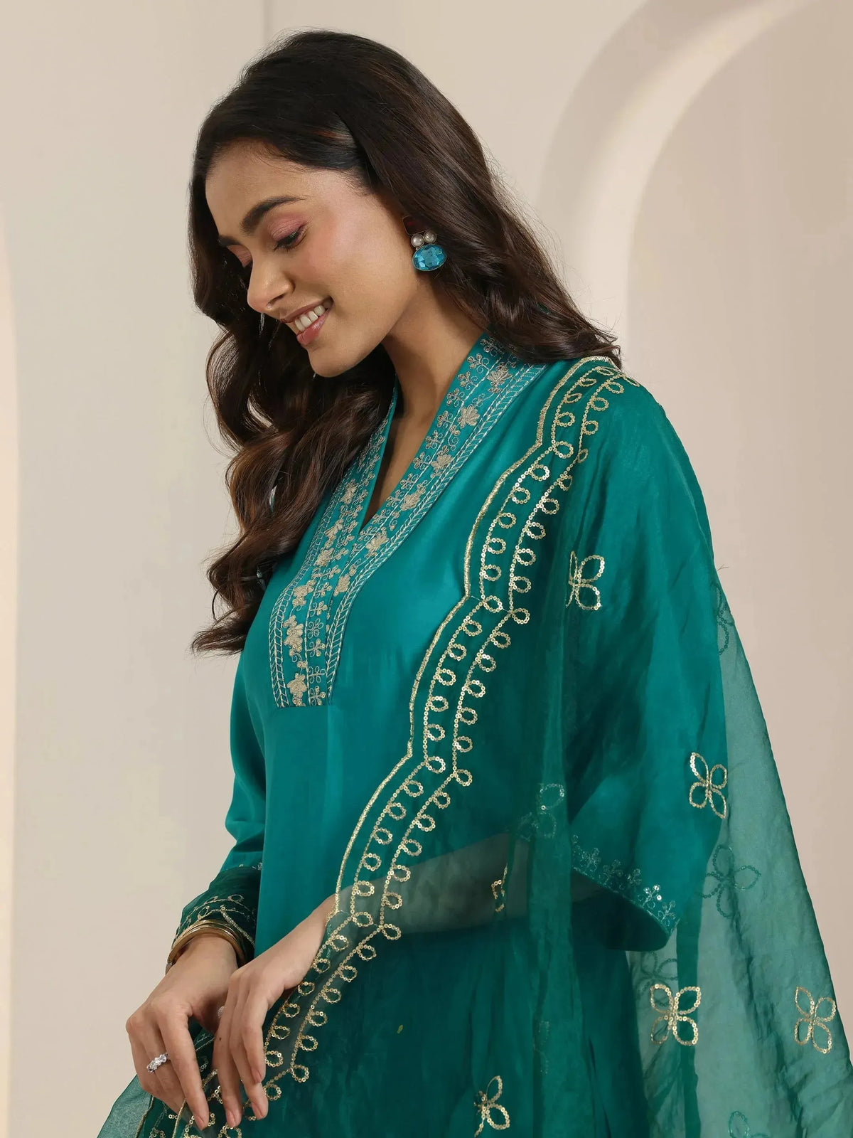 Anouk Turquoise Yoke Design Silk Blend Straight Suit Set With Dupatta