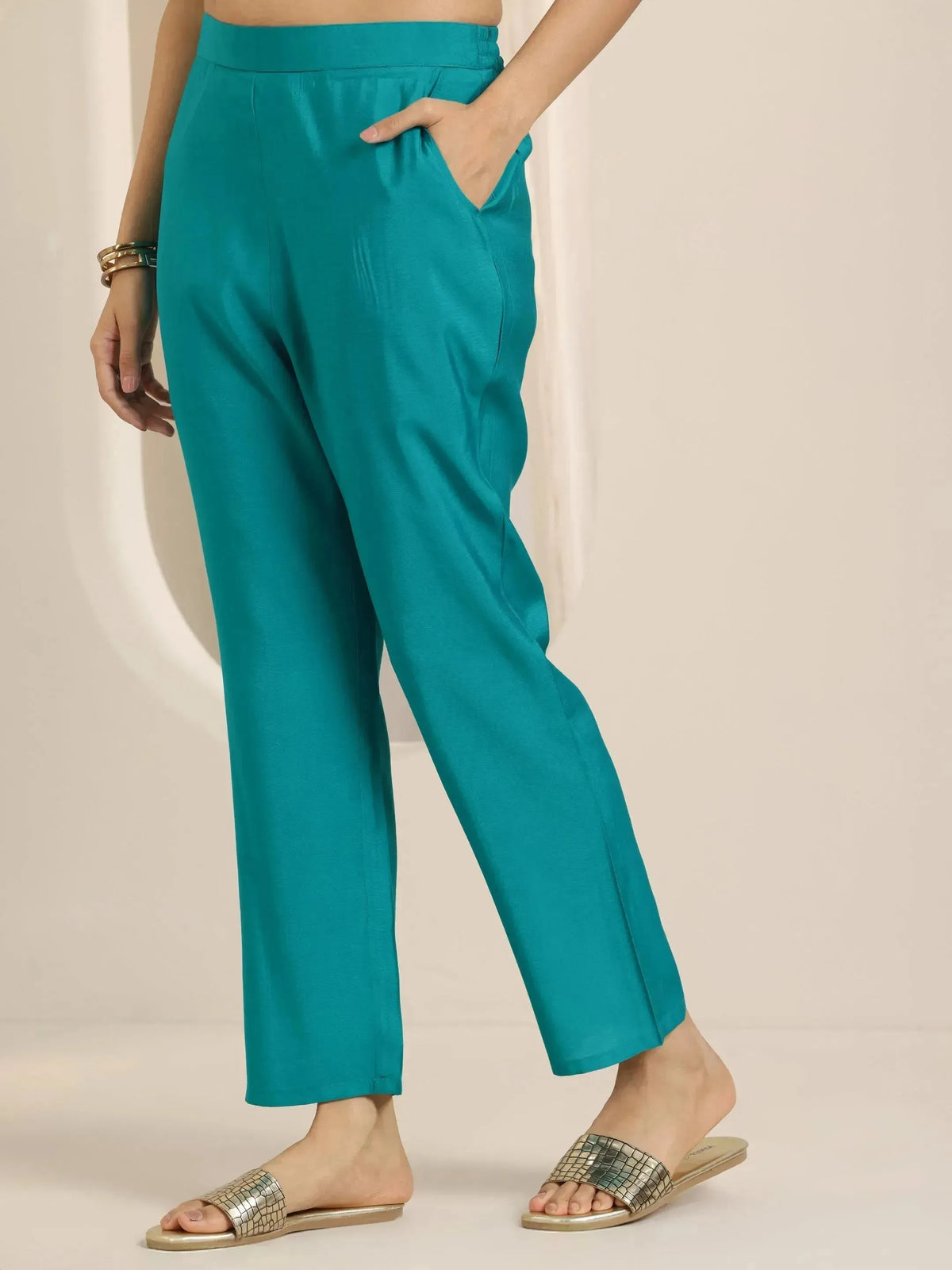 Anouk Turquoise Yoke Design Silk Blend Straight Suit Set With Dupatta