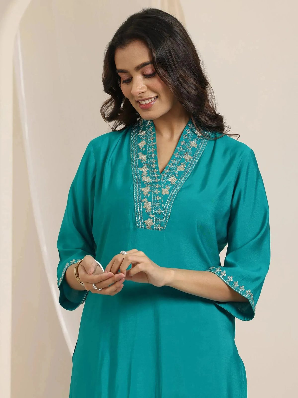 Anouk Turquoise Yoke Design Silk Blend Straight Suit Set With Dupatta