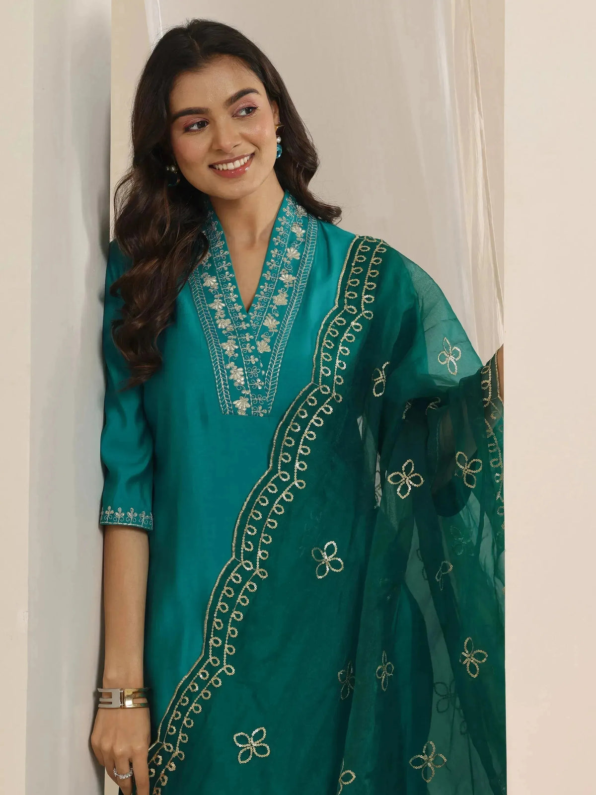 Anouk Turquoise Yoke Design Silk Blend Straight Suit Set With Dupatta