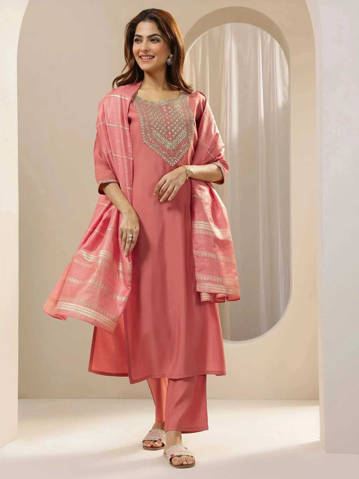Anouk Peach Embroidered Silk Blend Straight Suit Sets With Dupatta