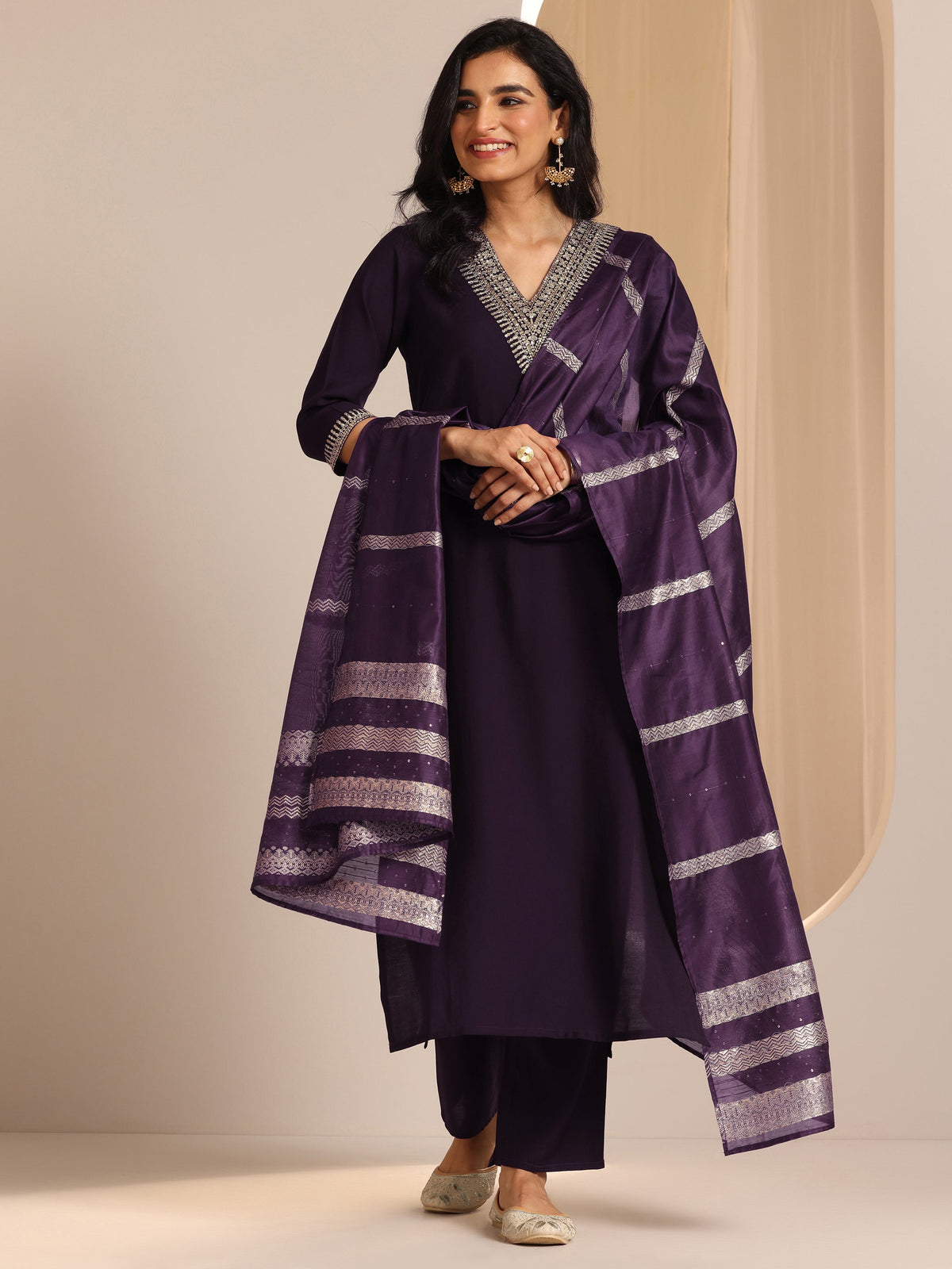 Anouk Burgundy Yoke Design Silk Blend Straight Suit Set With Dupatta