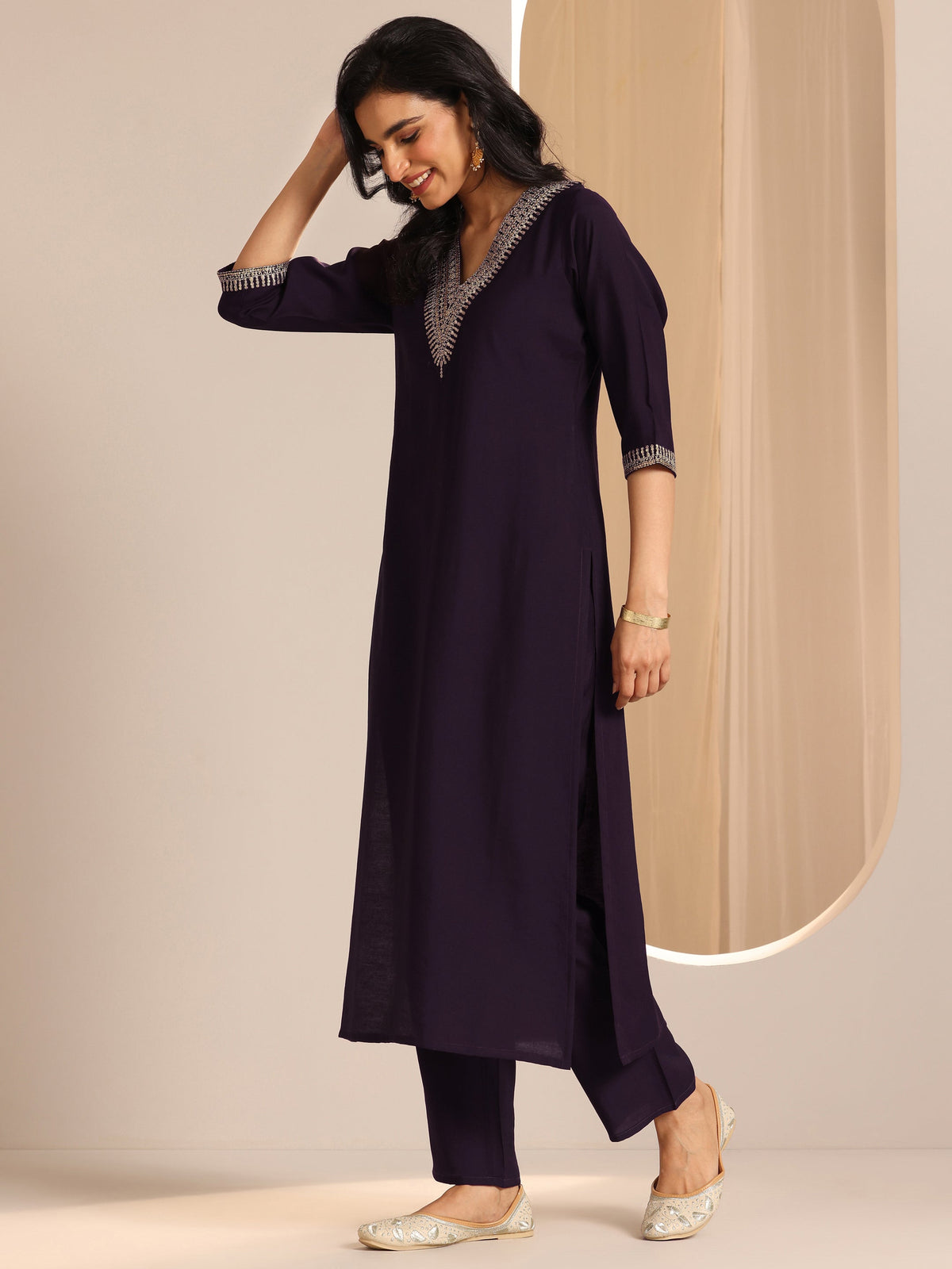 Anouk Burgundy Yoke Design Silk Blend Straight Suit Set With Dupatta