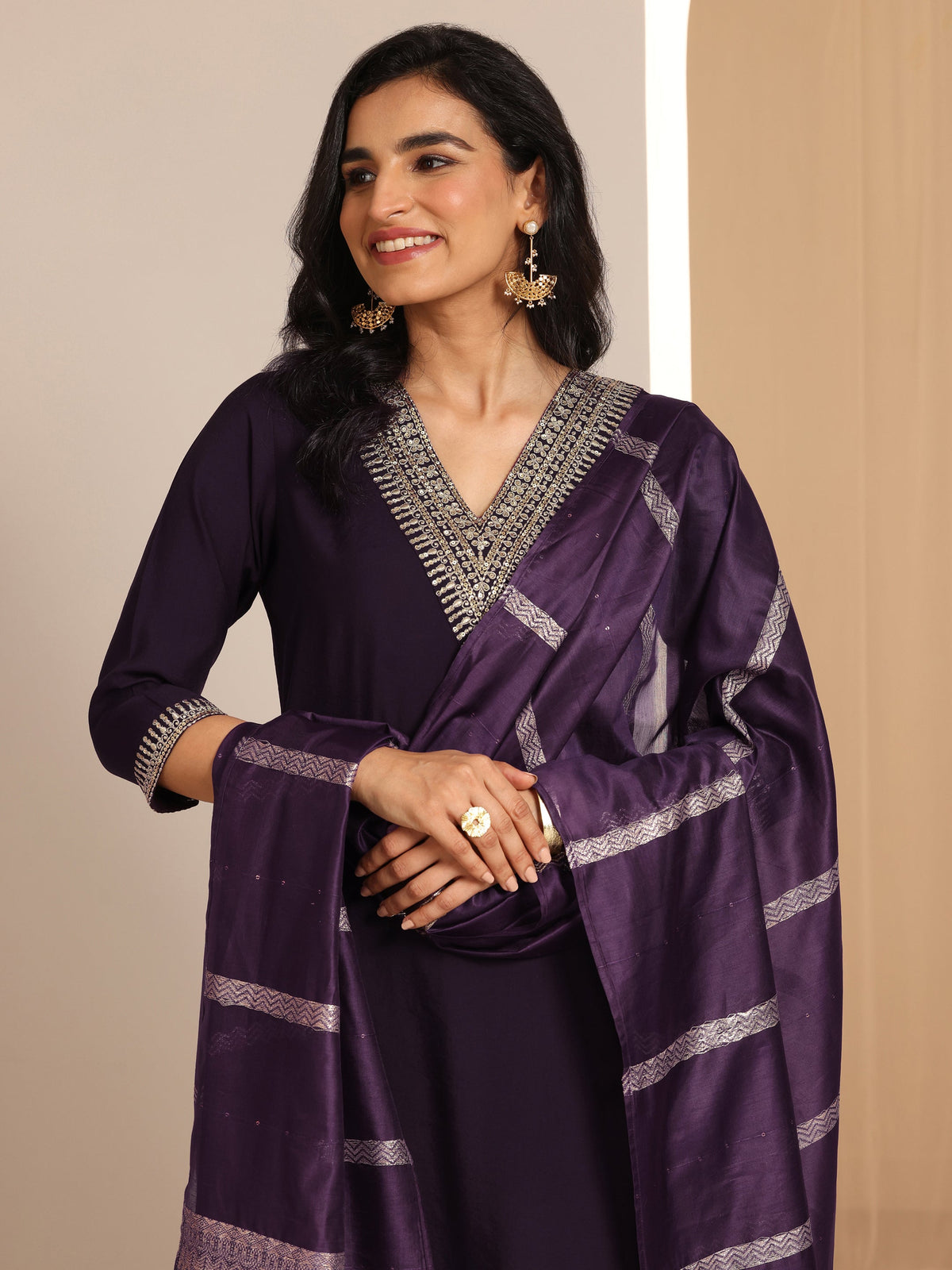 Anouk Burgundy Yoke Design Silk Blend Straight Suit Set With Dupatta