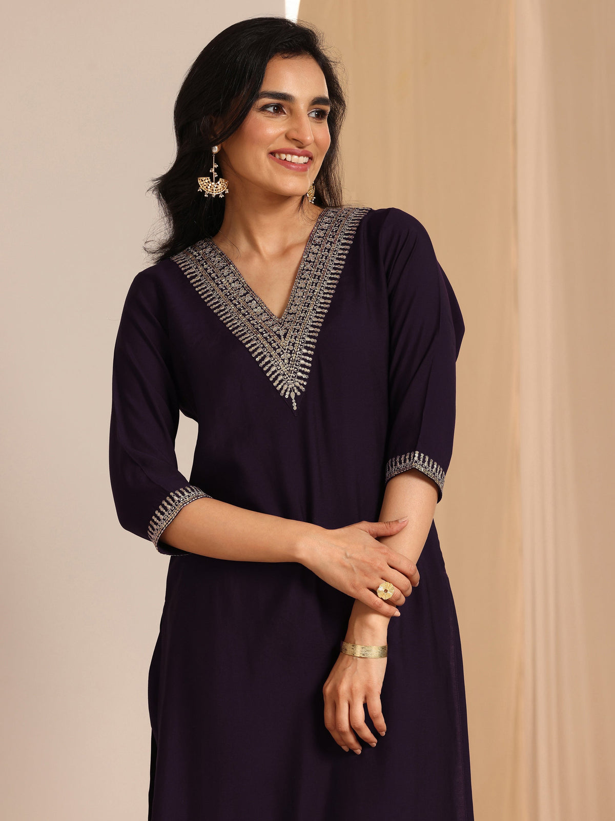 Anouk Burgundy Yoke Design Silk Blend Straight Suit Set With Dupatta