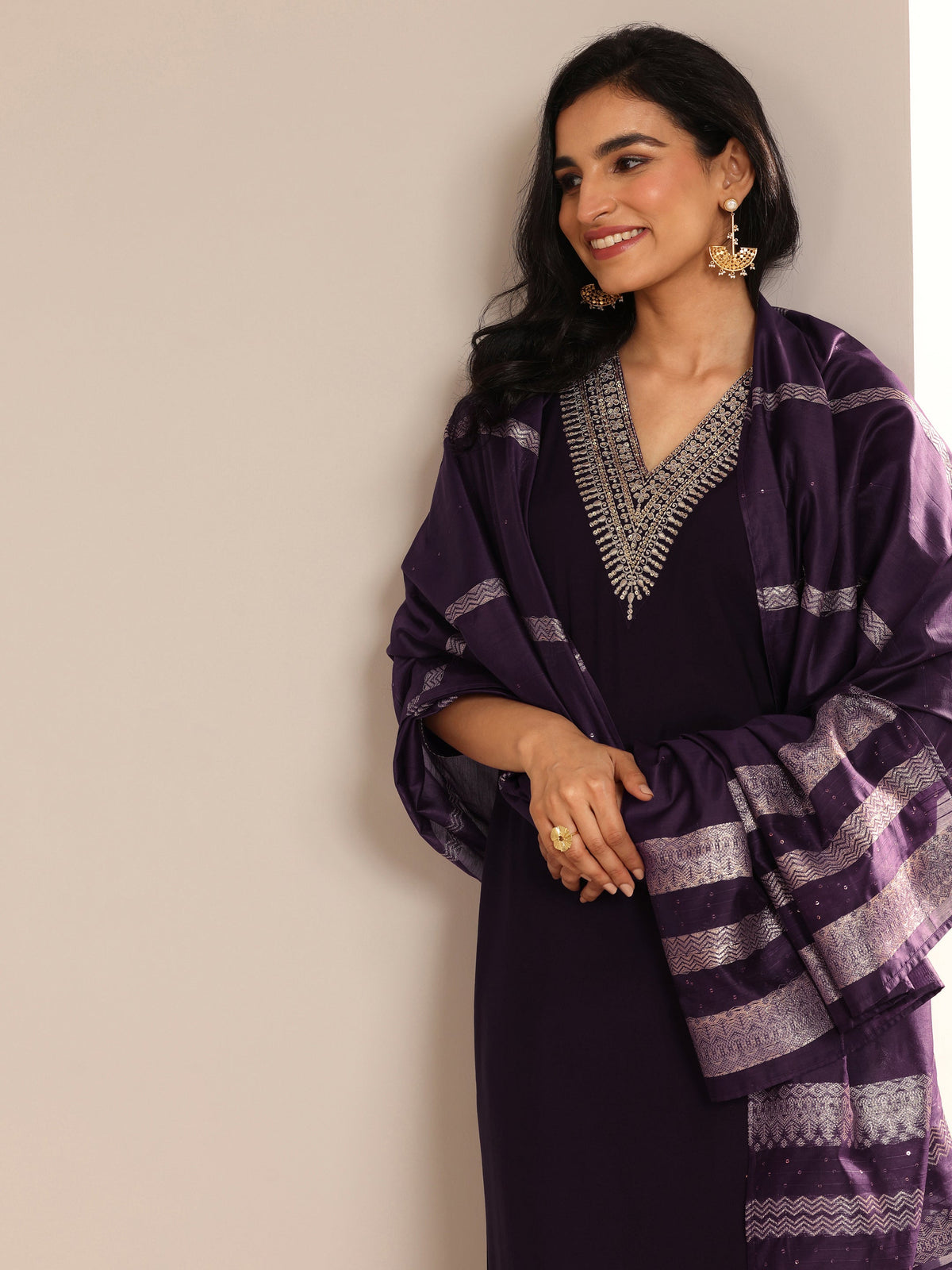 Anouk Burgundy Yoke Design Silk Blend Straight Suit Set With Dupatta