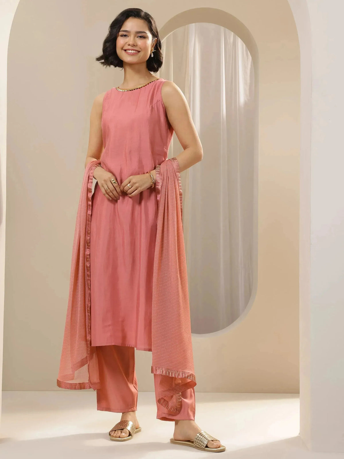 Anouk Peach Solid Silk Blend Straight Suit Sets With Dupatta