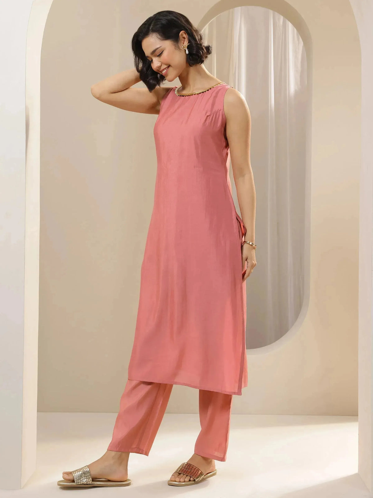 Anouk Peach Solid Silk Blend Straight Suit Sets With Dupatta