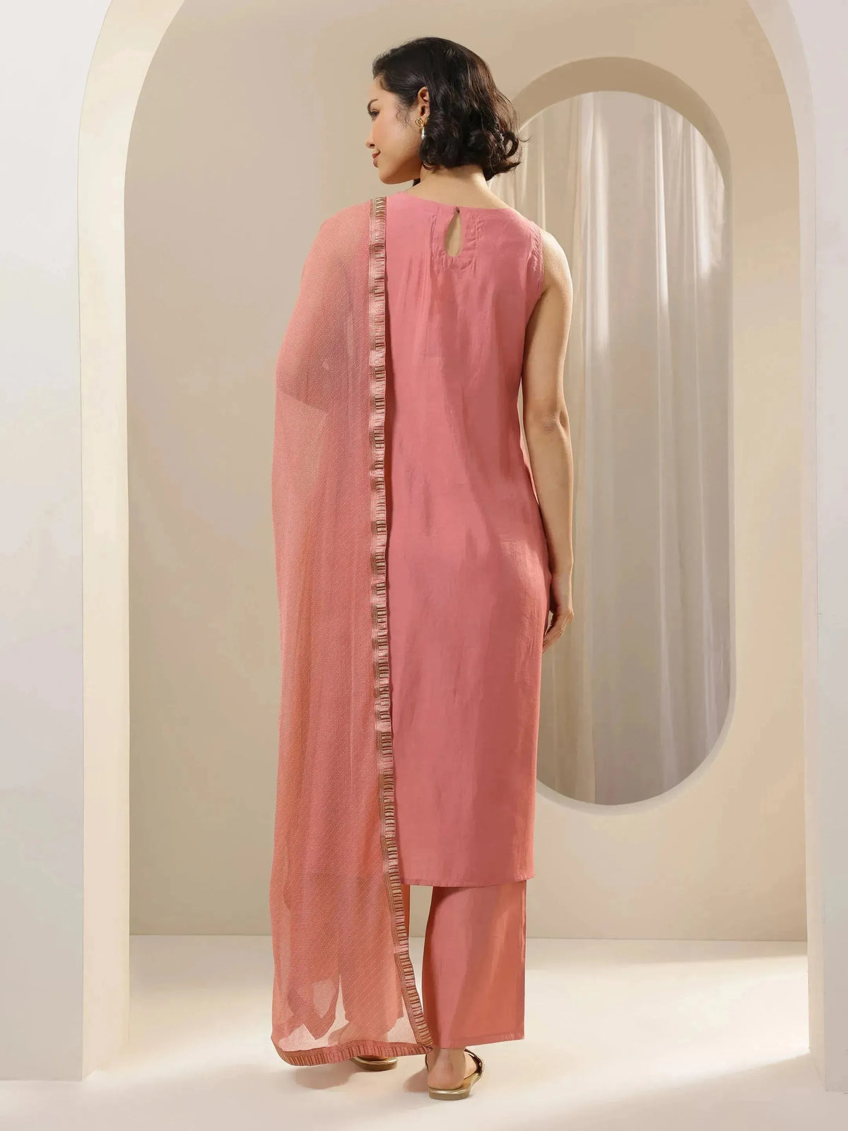 Anouk Peach Solid Silk Blend Straight Suit Sets With Dupatta